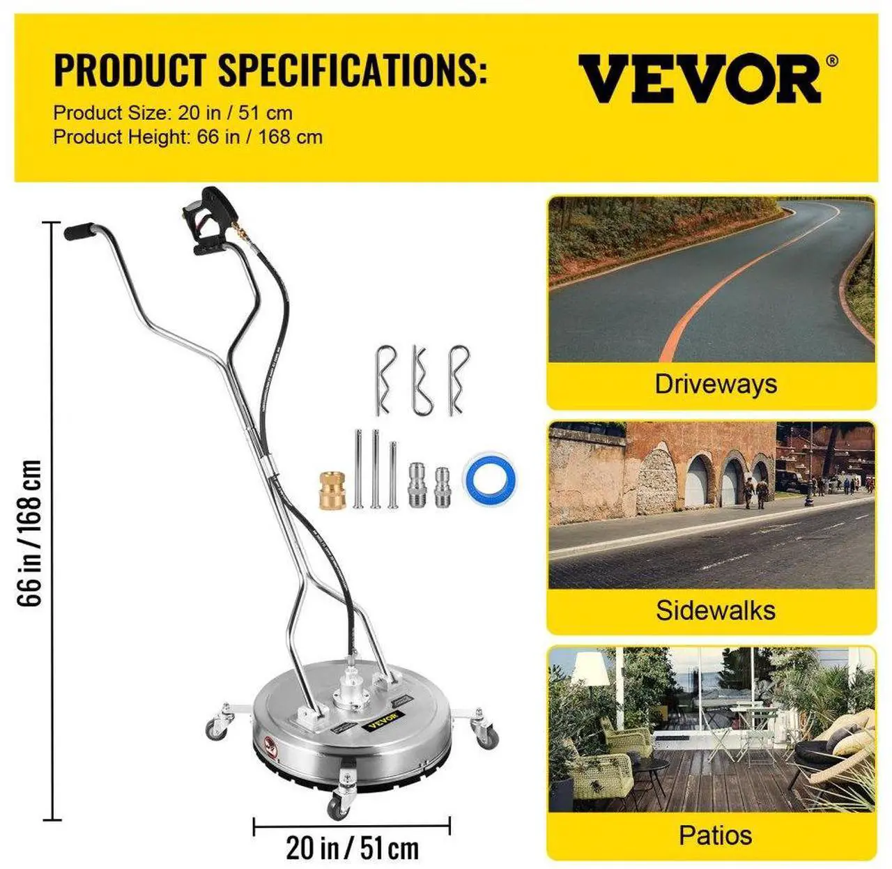 Alt view image 8 of 8 - VEVOR Pressure Washer Surface Cleaner, 20'', Max. 4000 PSI Pressure by 2 Nozzles for Cleaning Driveways, Sidewalks, Stainless Steel Frame w/Rotating Dual Handle, Wheels, Fit for 3/8'' Quick Connector