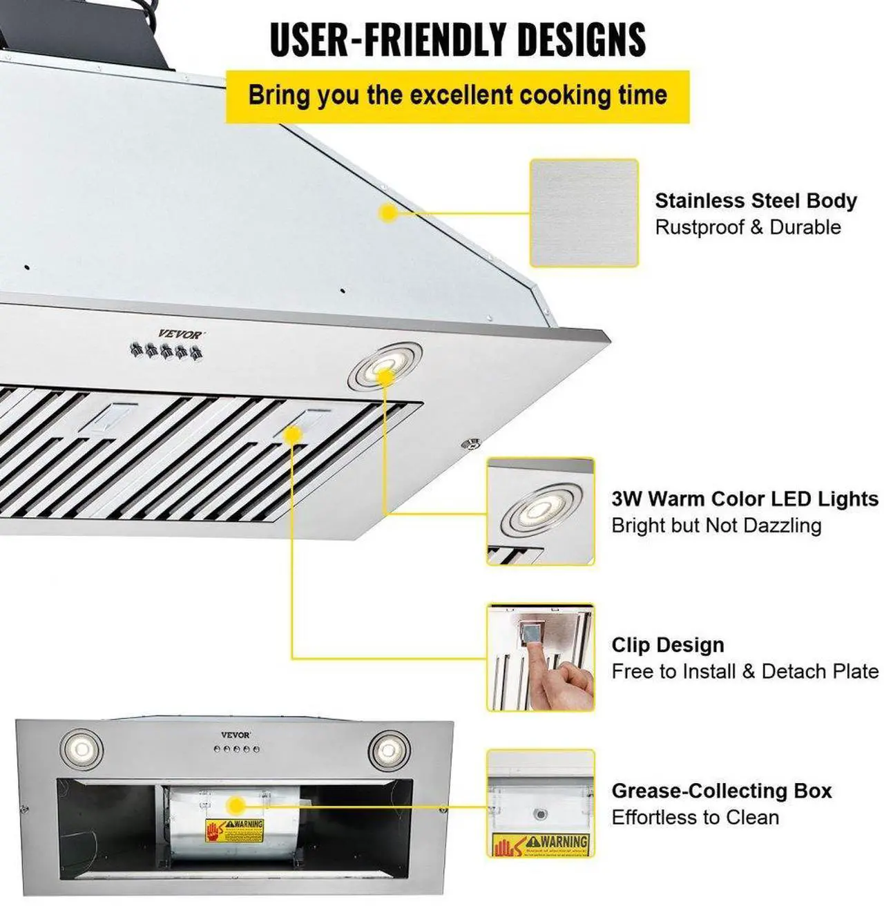 Alt view image 8 of 9 - VEVOR Insert Range Hood, 800CFM 3-Speed, 36 Inch Stainless Steel Built-in Kitchen Vent with Push Button Control LED Lights Baffle Filters, Ducted/Ductless Convertible, ETL Listed