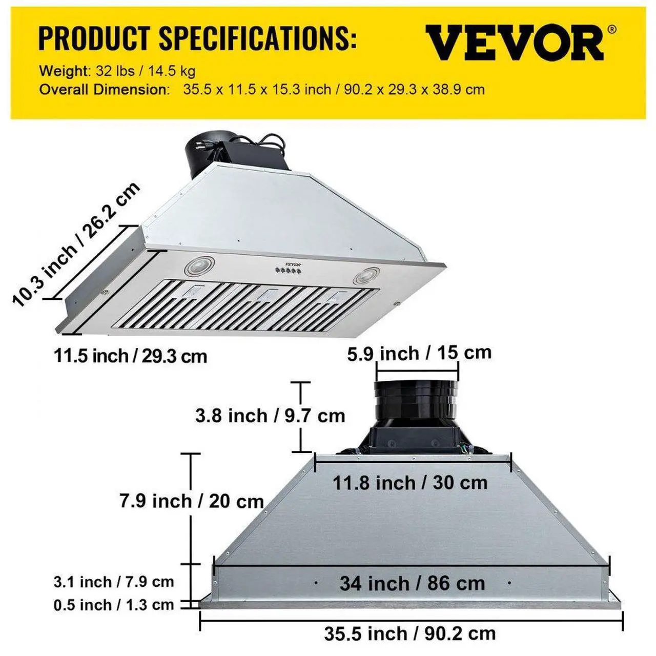 Alt view image 9 of 9 - VEVOR Insert Range Hood, 800CFM 3-Speed, 36 Inch Stainless Steel Built-in Kitchen Vent with Push Button Control LED Lights Baffle Filters, Ducted/Ductless Convertible, ETL Listed