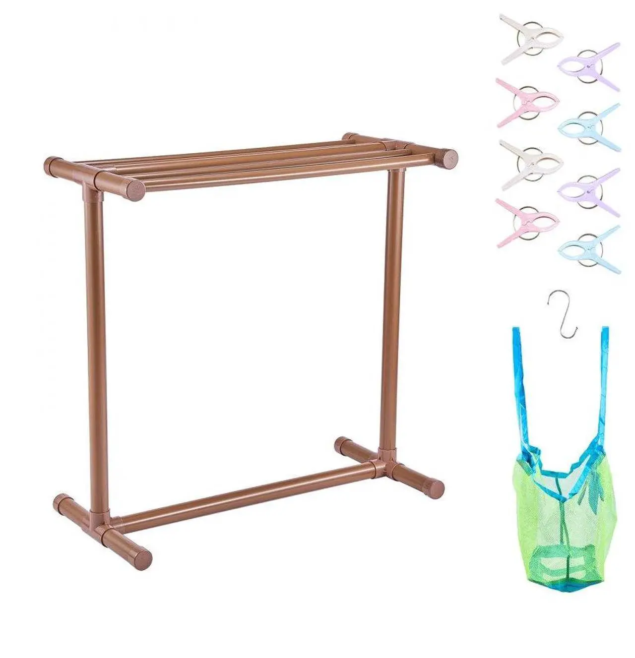 Alt view image 2 of 8 - VEVOR Pool Towel Rack, 5 Bar, Brown, Freestanding Outdoor PVC T-Shape Poolside Storage Organizer, Include 8 Towel Clips, Mesh Bag, Hook, Also Stores Floats and Paddles, for Beach, Swimming Pool, Home
