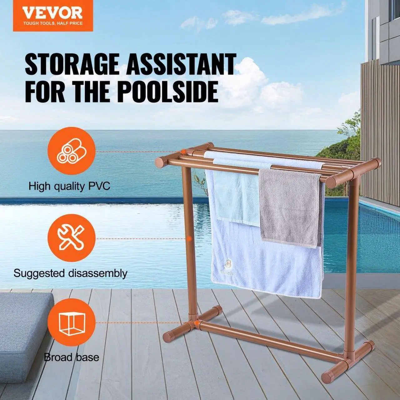 Alt view image 3 of 8 - VEVOR Pool Towel Rack, 5 Bar, Brown, Freestanding Outdoor PVC T-Shape Poolside Storage Organizer, Include 8 Towel Clips, Mesh Bag, Hook, Also Stores Floats and Paddles, for Beach, Swimming Pool, Home