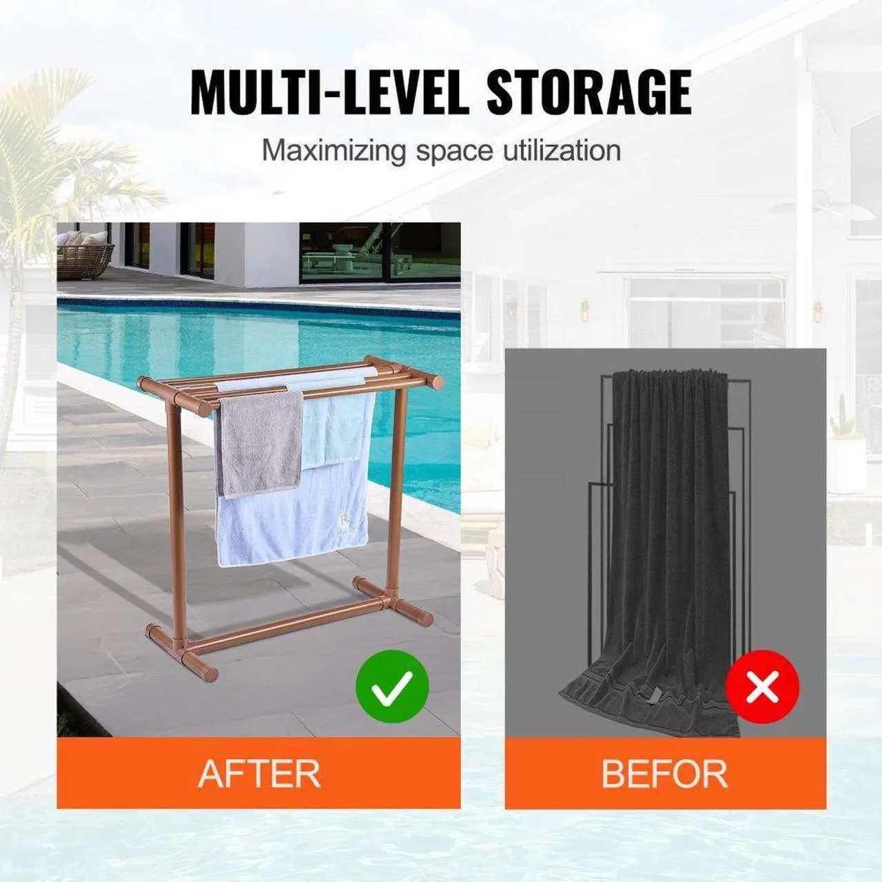 Alt view image 4 of 8 - VEVOR Pool Towel Rack, 5 Bar, Brown, Freestanding Outdoor PVC T-Shape Poolside Storage Organizer, Include 8 Towel Clips, Mesh Bag, Hook, Also Stores Floats and Paddles, for Beach, Swimming Pool, Home