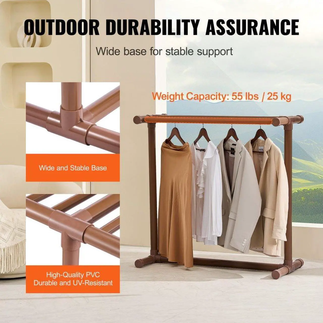 Alt view image 6 of 8 - VEVOR Pool Towel Rack, 5 Bar, Brown, Freestanding Outdoor PVC T-Shape Poolside Storage Organizer, Include 8 Towel Clips, Mesh Bag, Hook, Also Stores Floats and Paddles, for Beach, Swimming Pool, Home