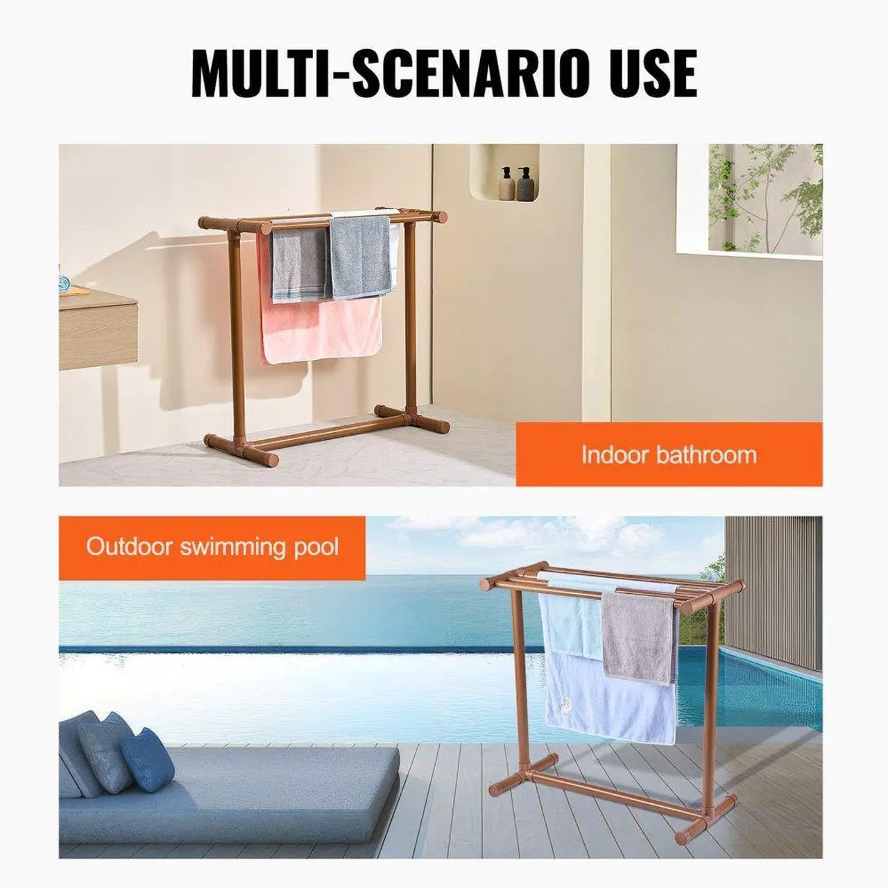 Alt view image 7 of 8 - VEVOR Pool Towel Rack, 5 Bar, Brown, Freestanding Outdoor PVC T-Shape Poolside Storage Organizer, Include 8 Towel Clips, Mesh Bag, Hook, Also Stores Floats and Paddles, for Beach, Swimming Pool, Home