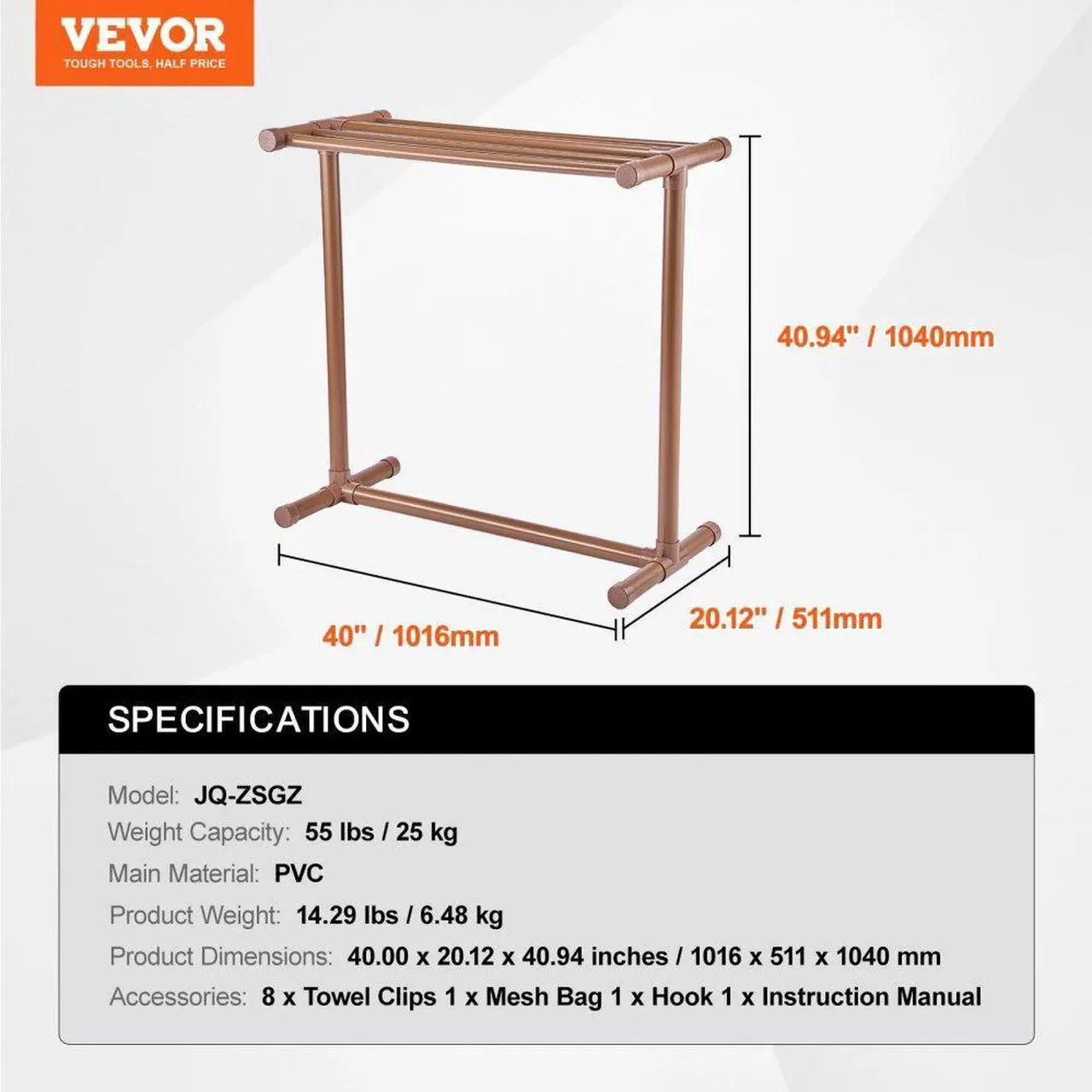 Alt view image 8 of 8 - VEVOR Pool Towel Rack, 5 Bar, Brown, Freestanding Outdoor PVC T-Shape Poolside Storage Organizer, Include 8 Towel Clips, Mesh Bag, Hook, Also Stores Floats and Paddles, for Beach, Swimming Pool, Home