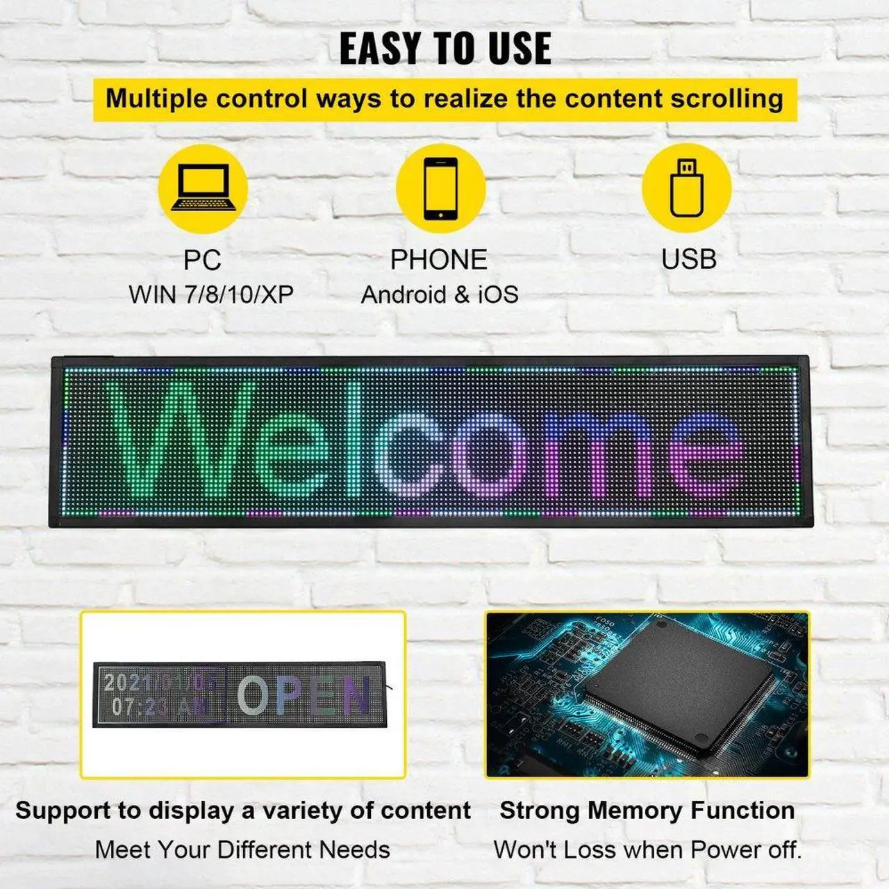 Alt view image 4 of 8 - VEVOR LED Scrolling Sign, 40" x 9" WiFi & USB Control, Full Color P6 Programmable Display, Indoor High Resolution Message Board, High Brightness Electronic Sign, Perfect Solution for Advertising