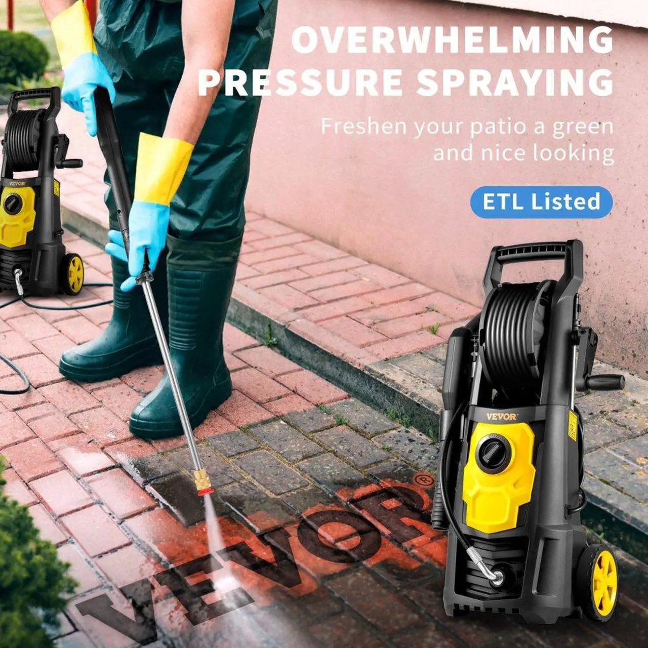 Alt view image 3 of 8 - VEVOR Electric Pressure Washer, 2000 PSI, Max 1.65 GPM Power Washer w/ 30 ft Hose & Reel, 5 Quick Connect Nozzles, Foam Cannon, Portable to Clean Patios, Cars, Fences, Driveways, ETL Listed