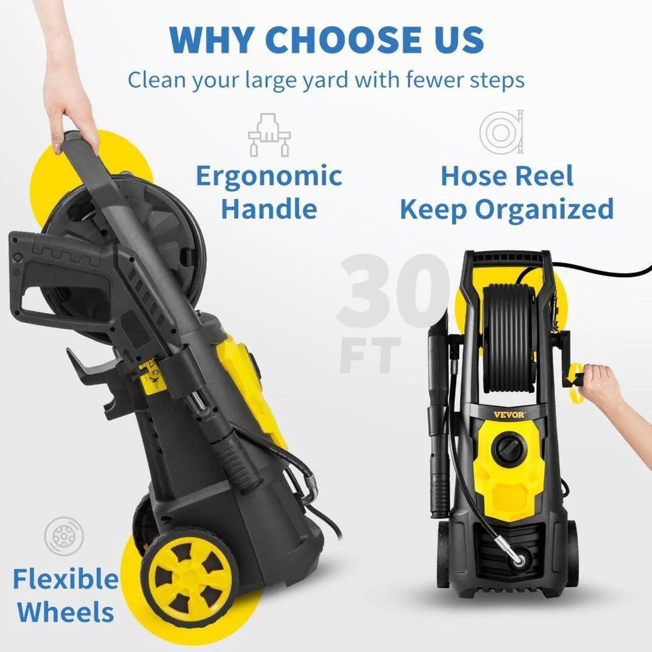 Alt view image 5 of 8 - VEVOR Electric Pressure Washer, 2000 PSI, Max 1.65 GPM Power Washer w/ 30 ft Hose & Reel, 5 Quick Connect Nozzles, Foam Cannon, Portable to Clean Patios, Cars, Fences, Driveways, ETL Listed