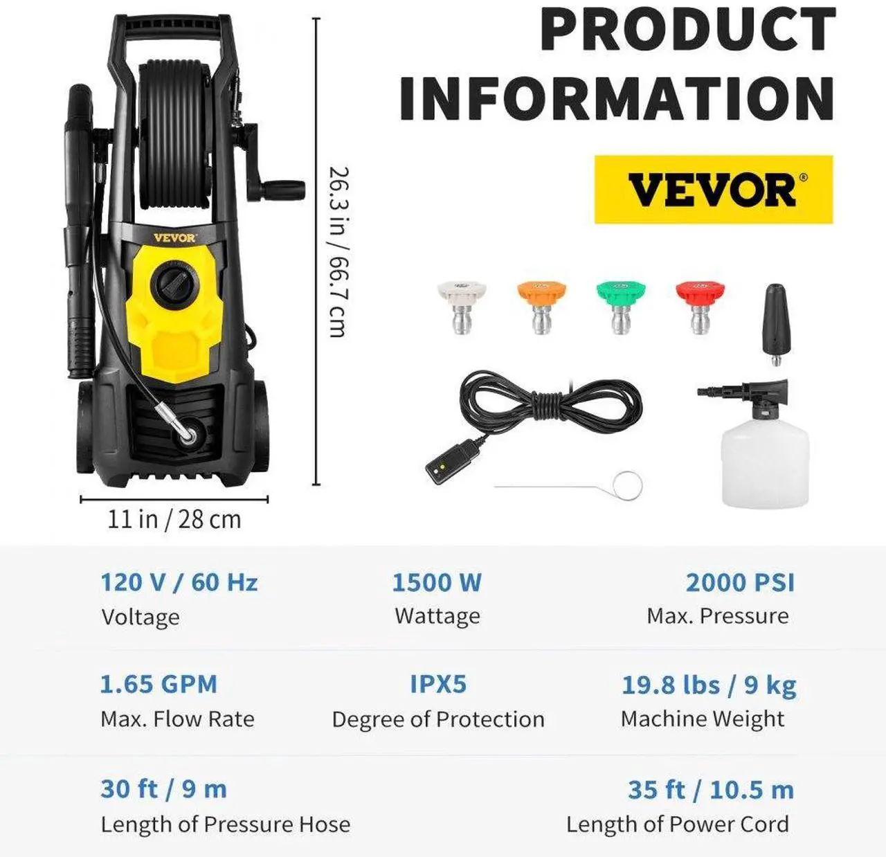 Alt view image 8 of 8 - VEVOR Electric Pressure Washer, 2000 PSI, Max 1.65 GPM Power Washer w/ 30 ft Hose & Reel, 5 Quick Connect Nozzles, Foam Cannon, Portable to Clean Patios, Cars, Fences, Driveways, ETL Listed