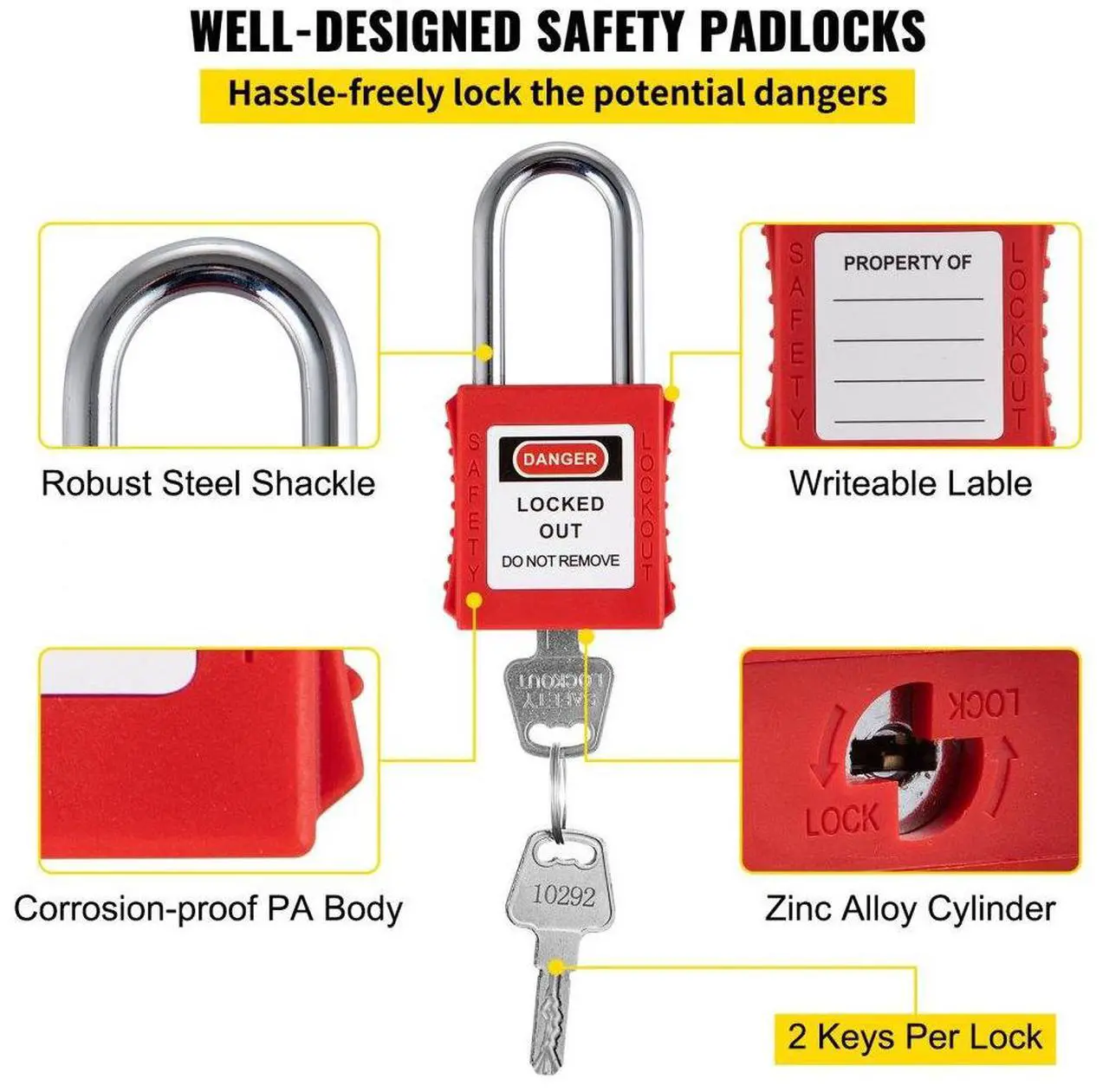 Alt view image 5 of 8 - VEVOR 42 PCS Lockout Tagout Kits, Electrical Safety Loto Kit Includes Padlocks, 5 Kinds of Lockouts, Hasps, Tags & Ties, Box, Lockout Safety Tools for Electrical Risk Removal in Industrial, Machinery