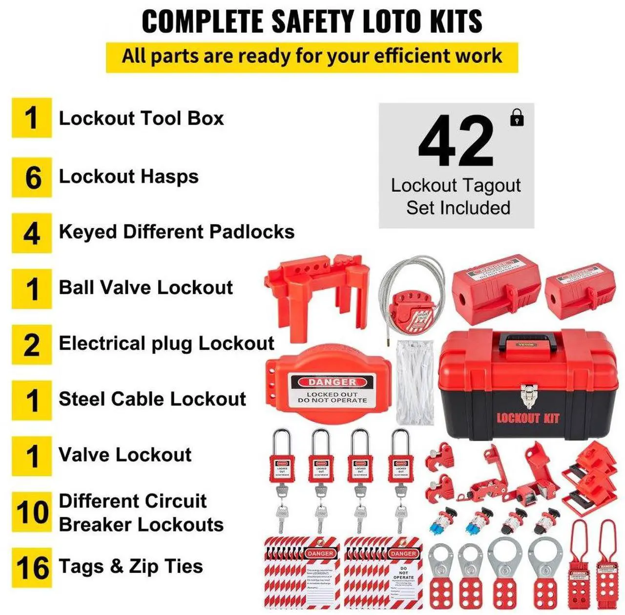 Alt view image 4 of 8 - VEVOR 42 PCS Lockout Tagout Kits, Electrical Safety Loto Kit Includes Padlocks, 5 Kinds of Lockouts, Hasps, Tags & Ties, Box, Lockout Safety Tools for Electrical Risk Removal in Industrial, Machinery