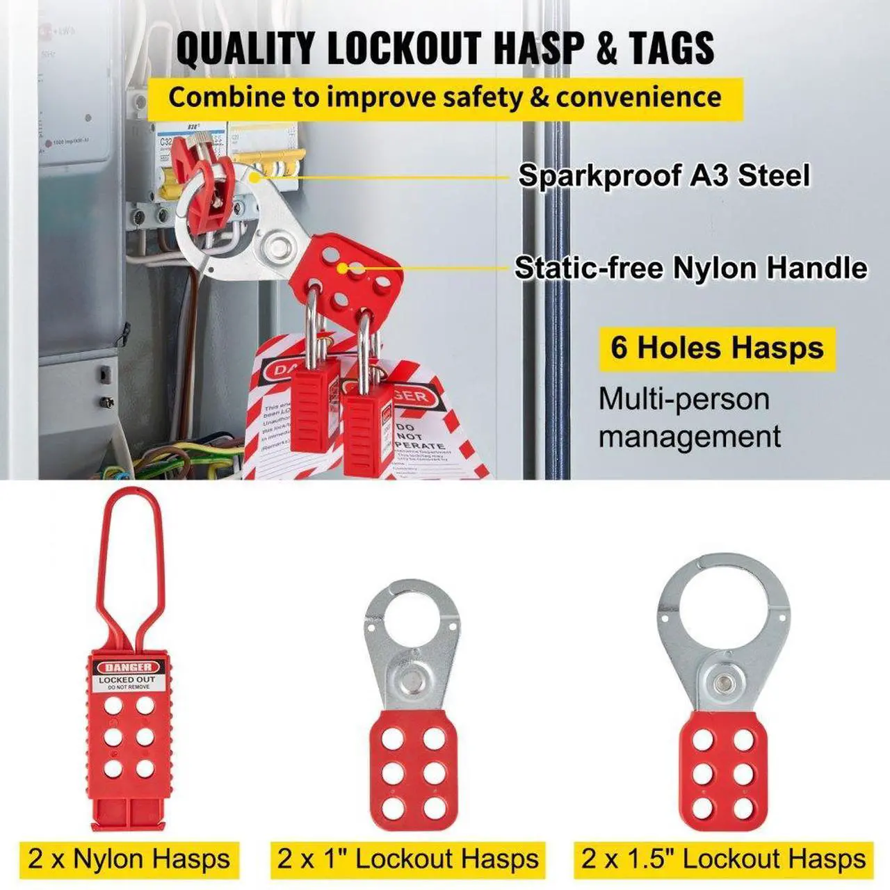 Alt view image 7 of 8 - VEVOR 42 PCS Lockout Tagout Kits, Electrical Safety Loto Kit Includes Padlocks, 5 Kinds of Lockouts, Hasps, Tags & Ties, Box, Lockout Safety Tools for Electrical Risk Removal in Industrial, Machinery