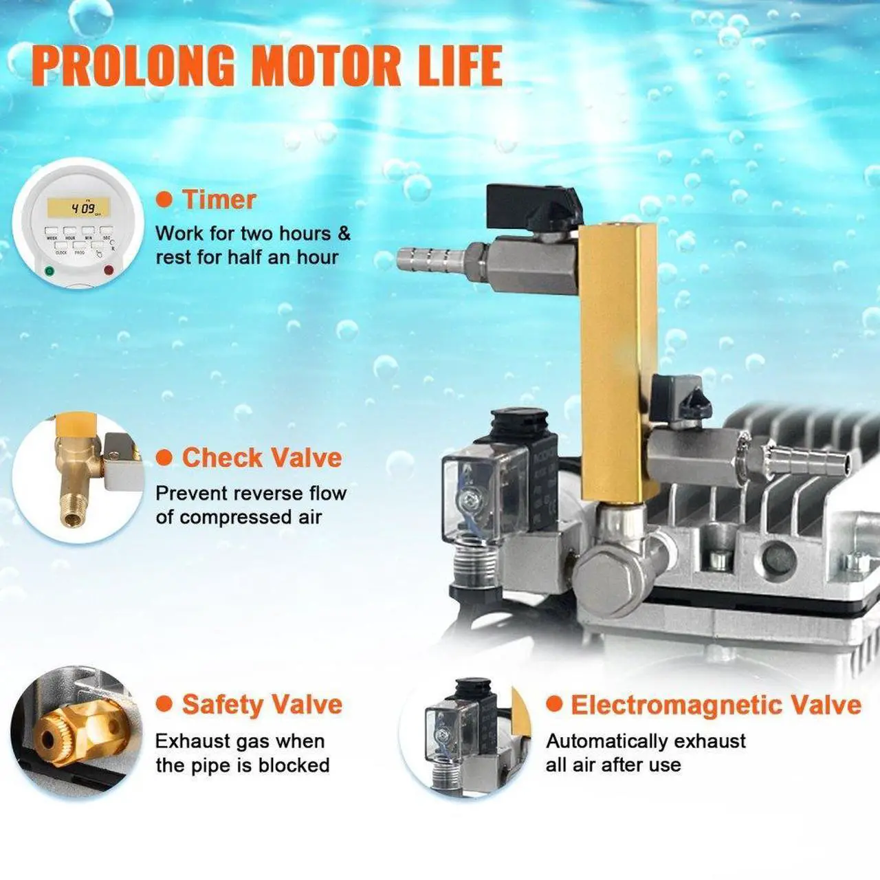 Alt view image 4 of 7 - VEVOR Pond Aerator, 550W Power, 5.2CFM for Up to 3 Acre 50' Lake, Pond Aeration Kit Includes 3/4 HP Compressor & 2 100' Weighted Tubings & 2 Diffusers