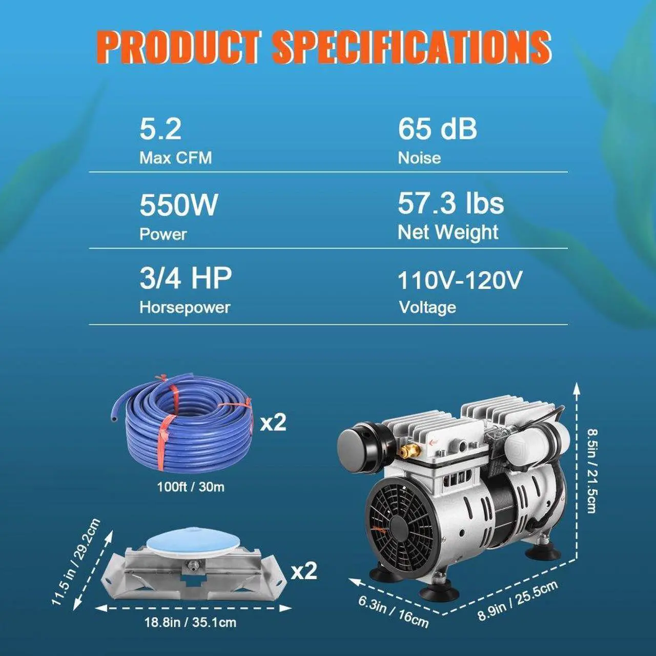Alt view image 7 of 7 - VEVOR Pond Aerator, 550W Power, 5.2CFM for Up to 3 Acre 50' Lake, Pond Aeration Kit Includes 3/4 HP Compressor & 2 100' Weighted Tubings & 2 Diffusers