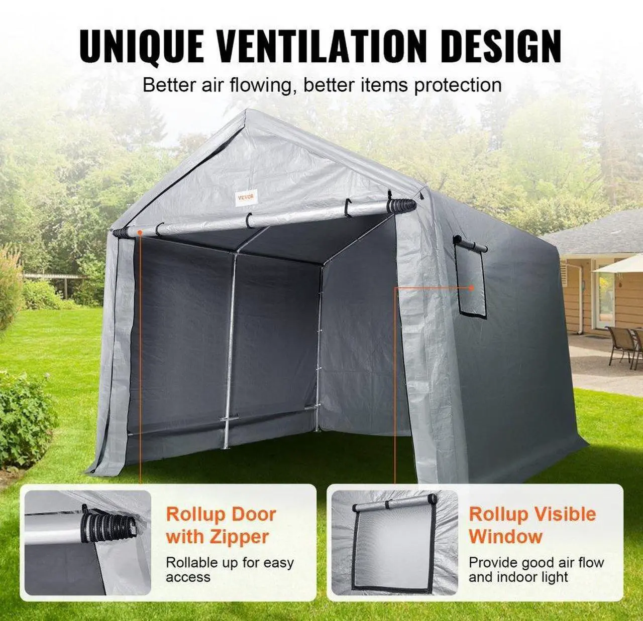 Alt view image 3 of 8 - VEVOR Portable Shed Outdoor Storage Shelter, 10 x 10 x 8.5 ft Heavy Duty All-Season Instant Storage Tent Tarp Sheds with Roll-up Zipper Door and Ventilated Windows For Motorcycle, Bike, Garden Tools