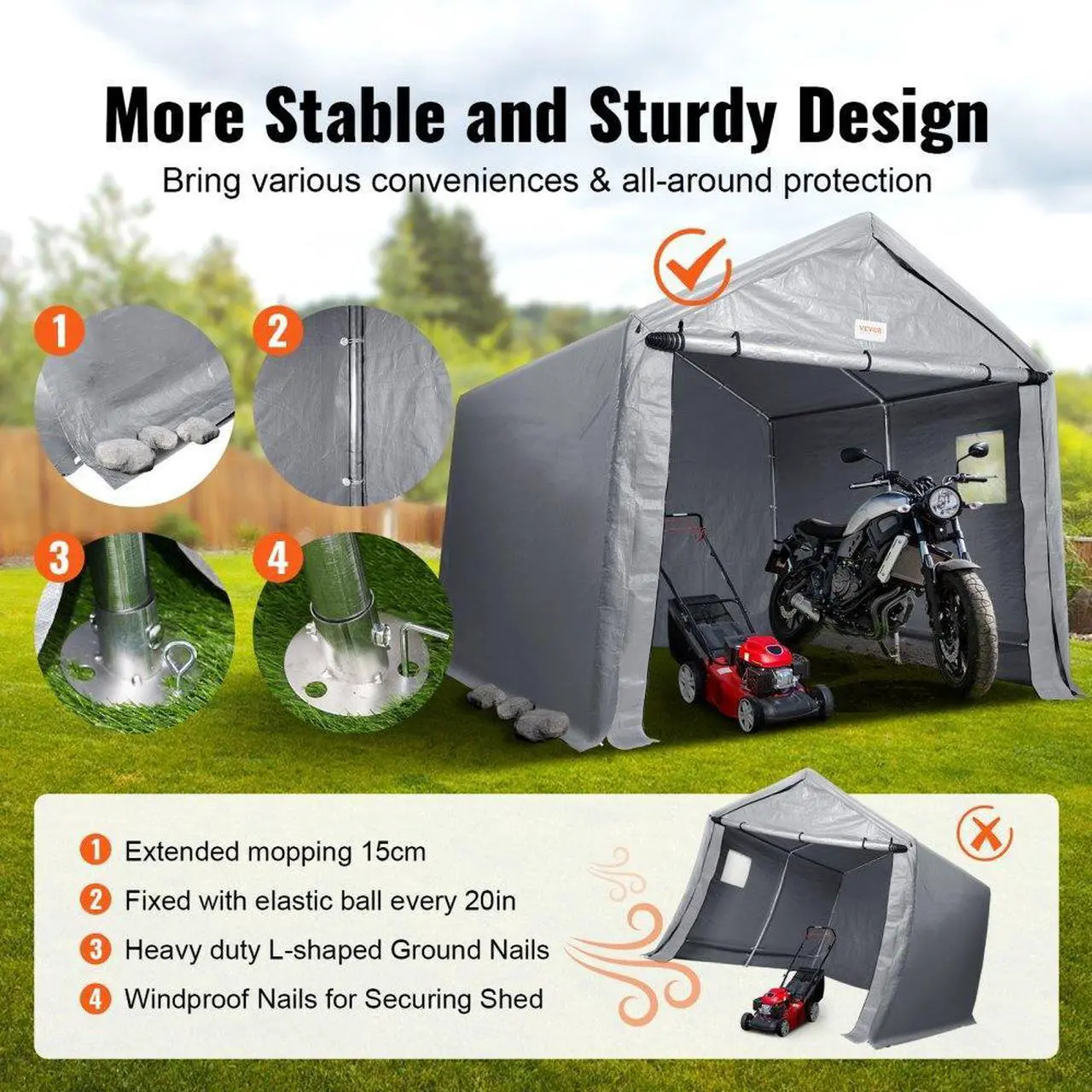 Alt view image 4 of 8 - VEVOR Portable Shed Outdoor Storage Shelter, 10 x 10 x 8.5 ft Heavy Duty All-Season Instant Storage Tent Tarp Sheds with Roll-up Zipper Door and Ventilated Windows For Motorcycle, Bike, Garden Tools