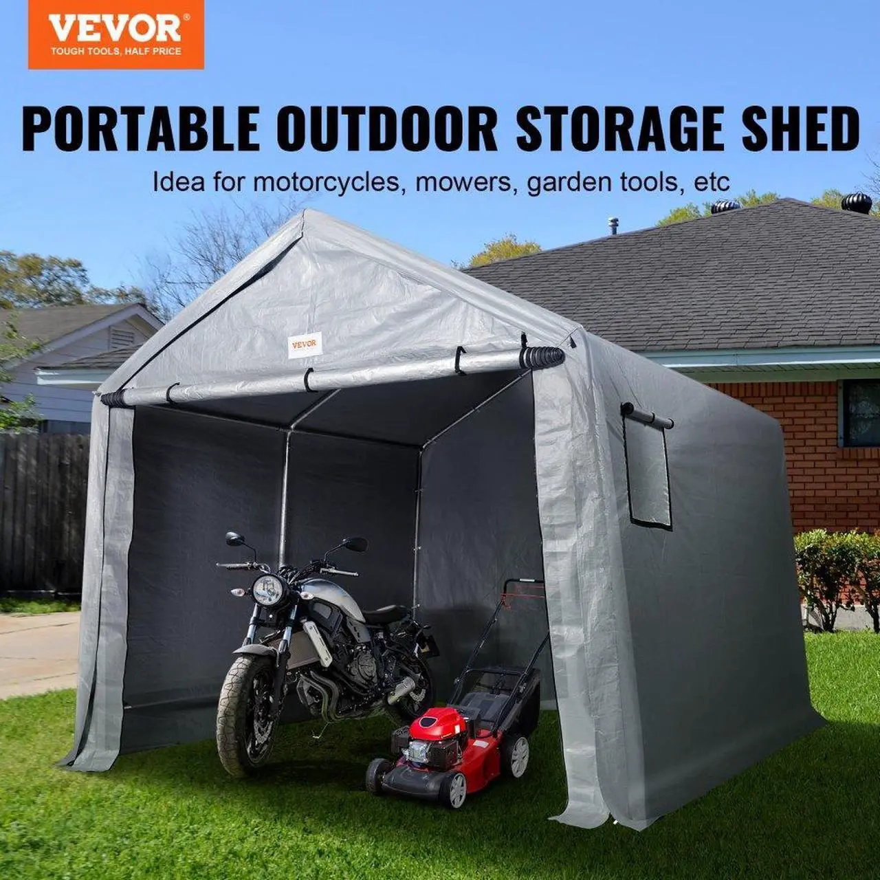 Alt view image 7 of 8 - VEVOR Portable Shed Outdoor Storage Shelter, 10 x 10 x 8.5 ft Heavy Duty All-Season Instant Storage Tent Tarp Sheds with Roll-up Zipper Door and Ventilated Windows For Motorcycle, Bike, Garden Tools
