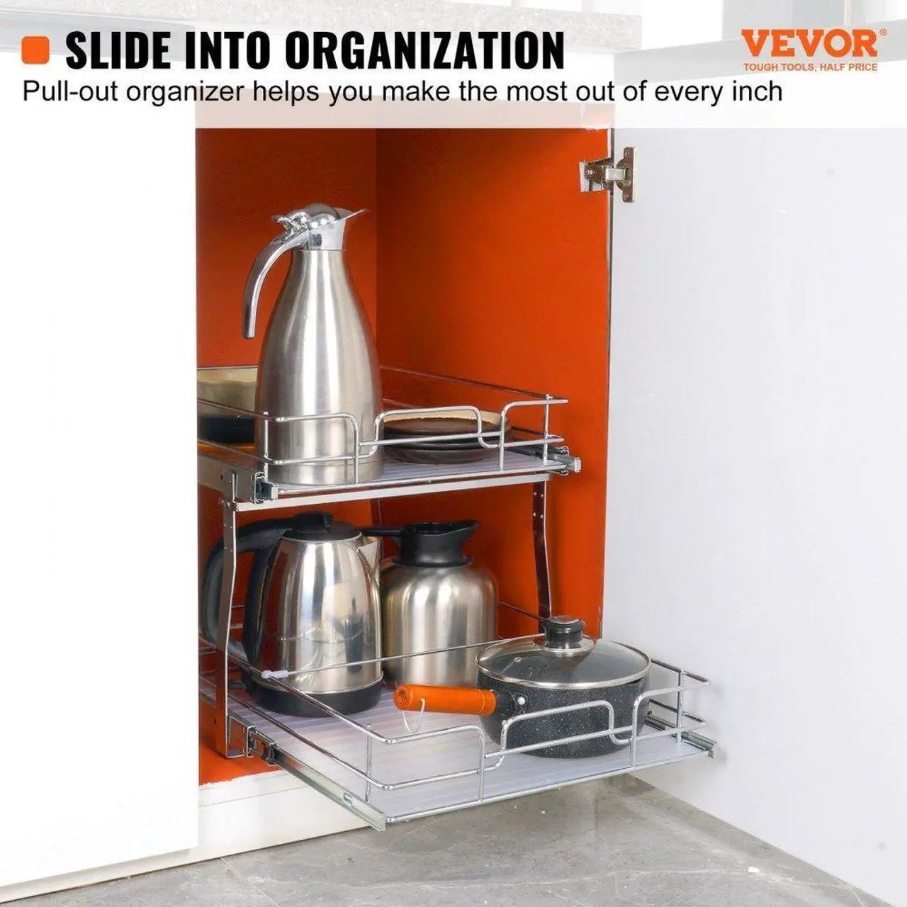Alt view image 3 of 8 - VEVOR 2 Tier 16"W x 21"D Pull Out Cabinet Organizer, Heavy Duty Slide Out Pantry Shelves, Chrome-Plated Steel Roll Out Drawers, Sliding Drawer Storage for Inside Kitchen Cabinet, Bathroom, Under Sink