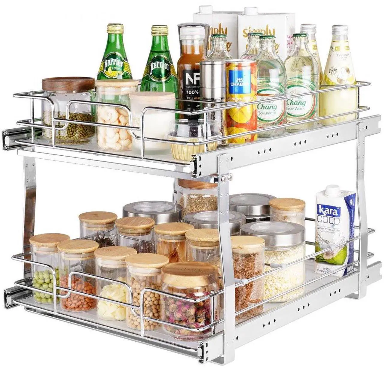 Alt view image 2 of 8 - VEVOR 2 Tier 16"W x 21"D Pull Out Cabinet Organizer, Heavy Duty Slide Out Pantry Shelves, Chrome-Plated Steel Roll Out Drawers, Sliding Drawer Storage for Inside Kitchen Cabinet, Bathroom, Under Sink