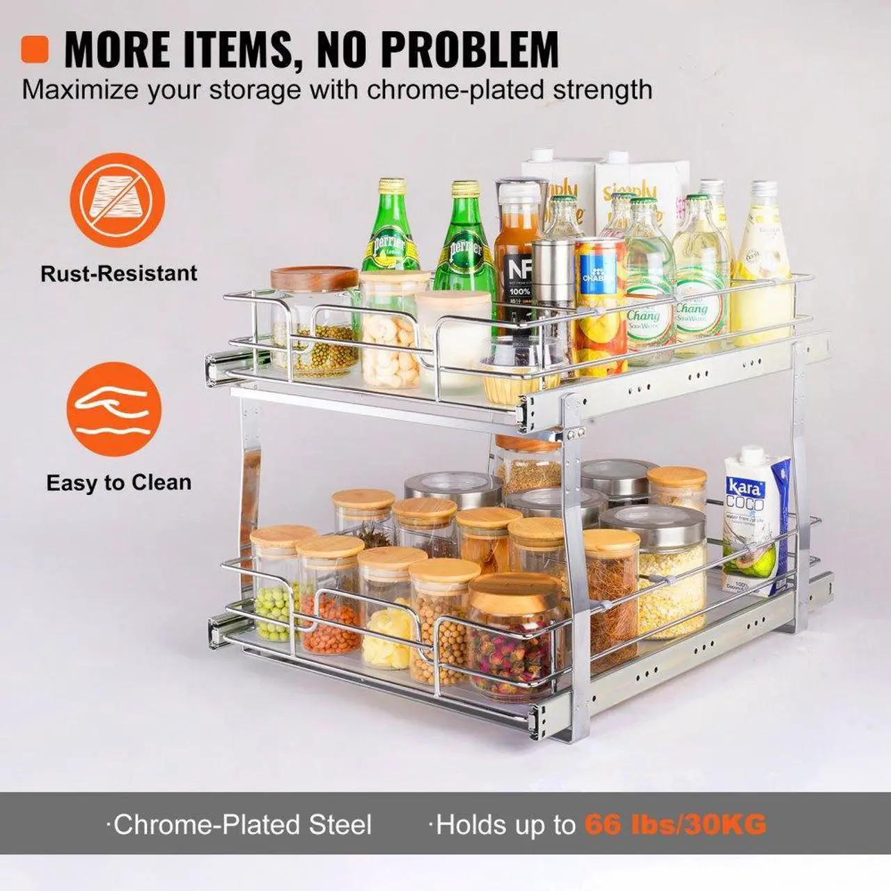 Alt view image 5 of 8 - VEVOR 2 Tier 16"W x 21"D Pull Out Cabinet Organizer, Heavy Duty Slide Out Pantry Shelves, Chrome-Plated Steel Roll Out Drawers, Sliding Drawer Storage for Inside Kitchen Cabinet, Bathroom, Under Sink
