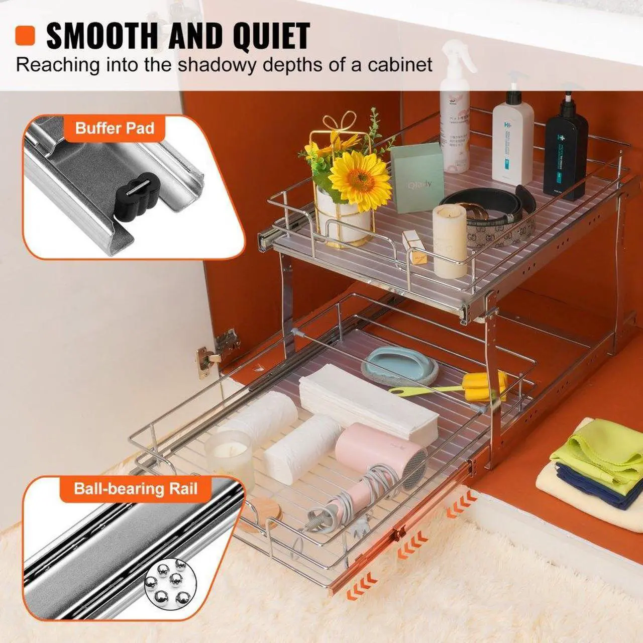 Alt view image 4 of 8 - VEVOR 2 Tier 16"W x 21"D Pull Out Cabinet Organizer, Heavy Duty Slide Out Pantry Shelves, Chrome-Plated Steel Roll Out Drawers, Sliding Drawer Storage for Inside Kitchen Cabinet, Bathroom, Under Sink