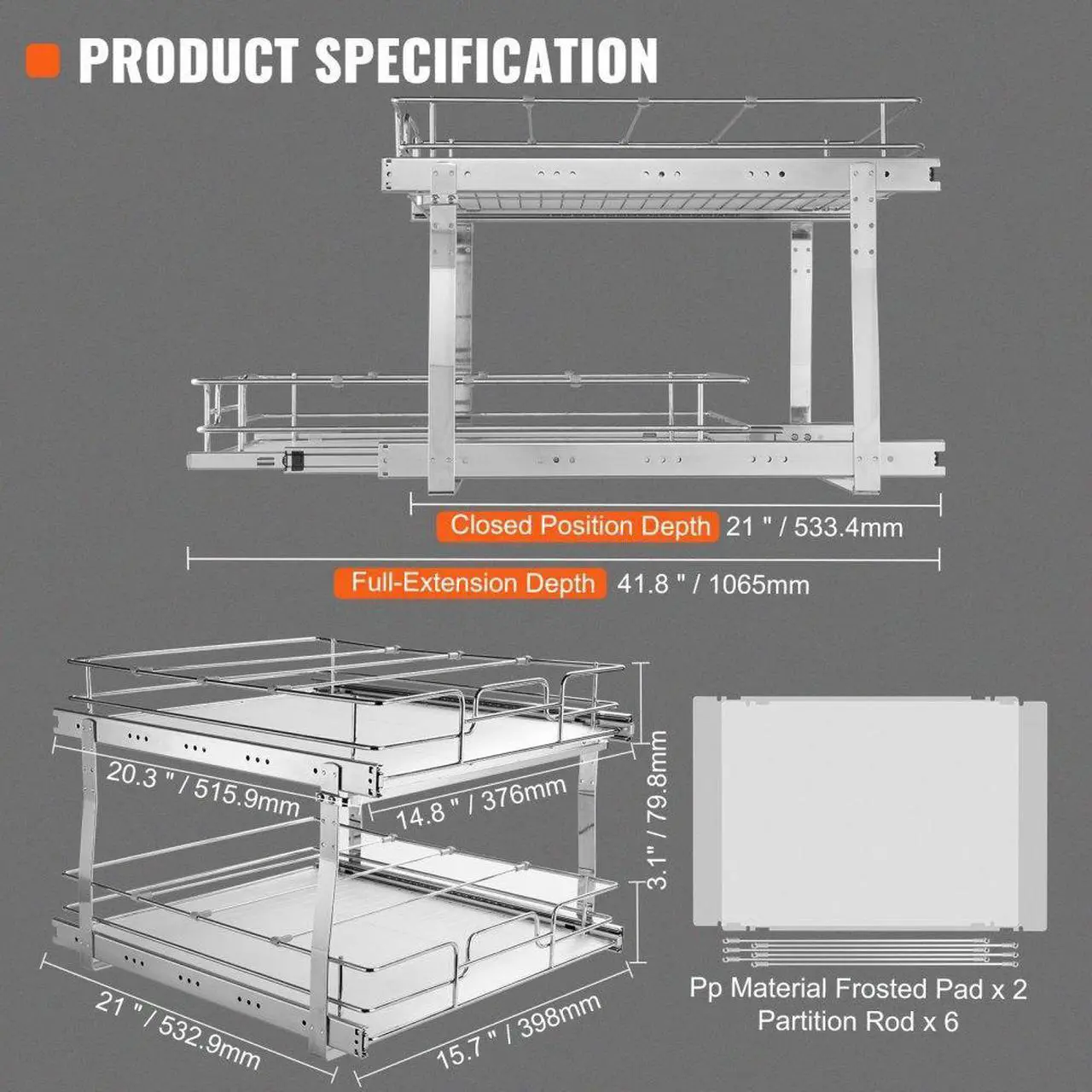 Alt view image 8 of 8 - VEVOR 2 Tier 16"W x 21"D Pull Out Cabinet Organizer, Heavy Duty Slide Out Pantry Shelves, Chrome-Plated Steel Roll Out Drawers, Sliding Drawer Storage for Inside Kitchen Cabinet, Bathroom, Under Sink