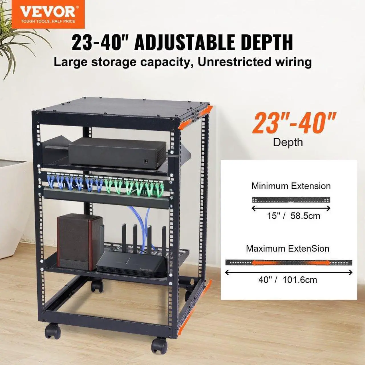Alt view image 4 of 9 - Vevor 15U Open Frame Server Rack  23''-40'' Adjustable Depth  Free Standing Or Wall Mount Network Server Rack  4 Post Av Rack With Casters  Holds All Your Networking It Equipment Av Gear Router Modem