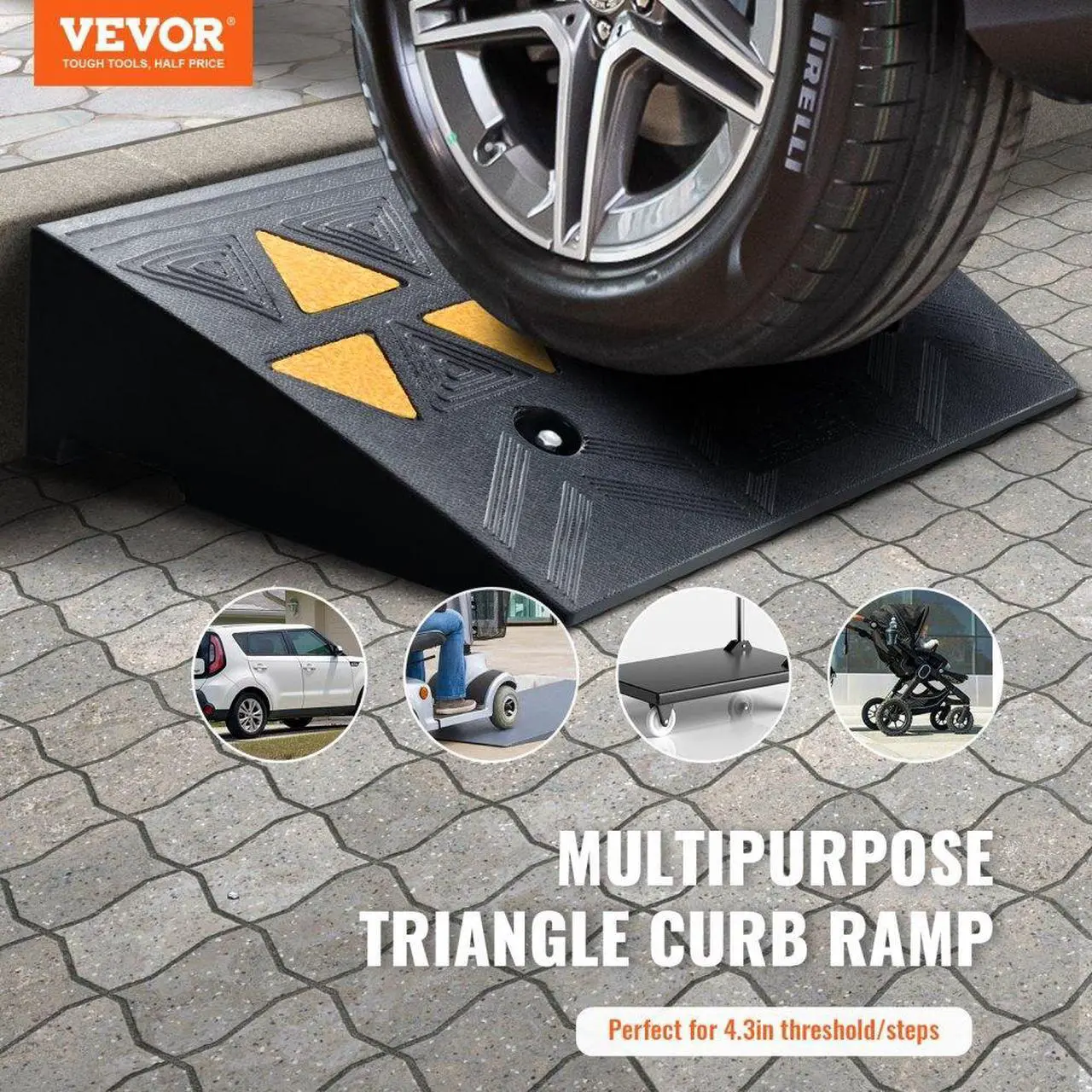 Alt view image 2 of 7 - VEVOR Rubber Curb Ramp 2 Pack, 4.3" Rise Height Heavy-Duty 33069 lbs/15 T Capacity Threshold Ramps, Driveway Ramps with Stable Grid Structure for Cars, Wheelchairs, Bikes, Motorcycles