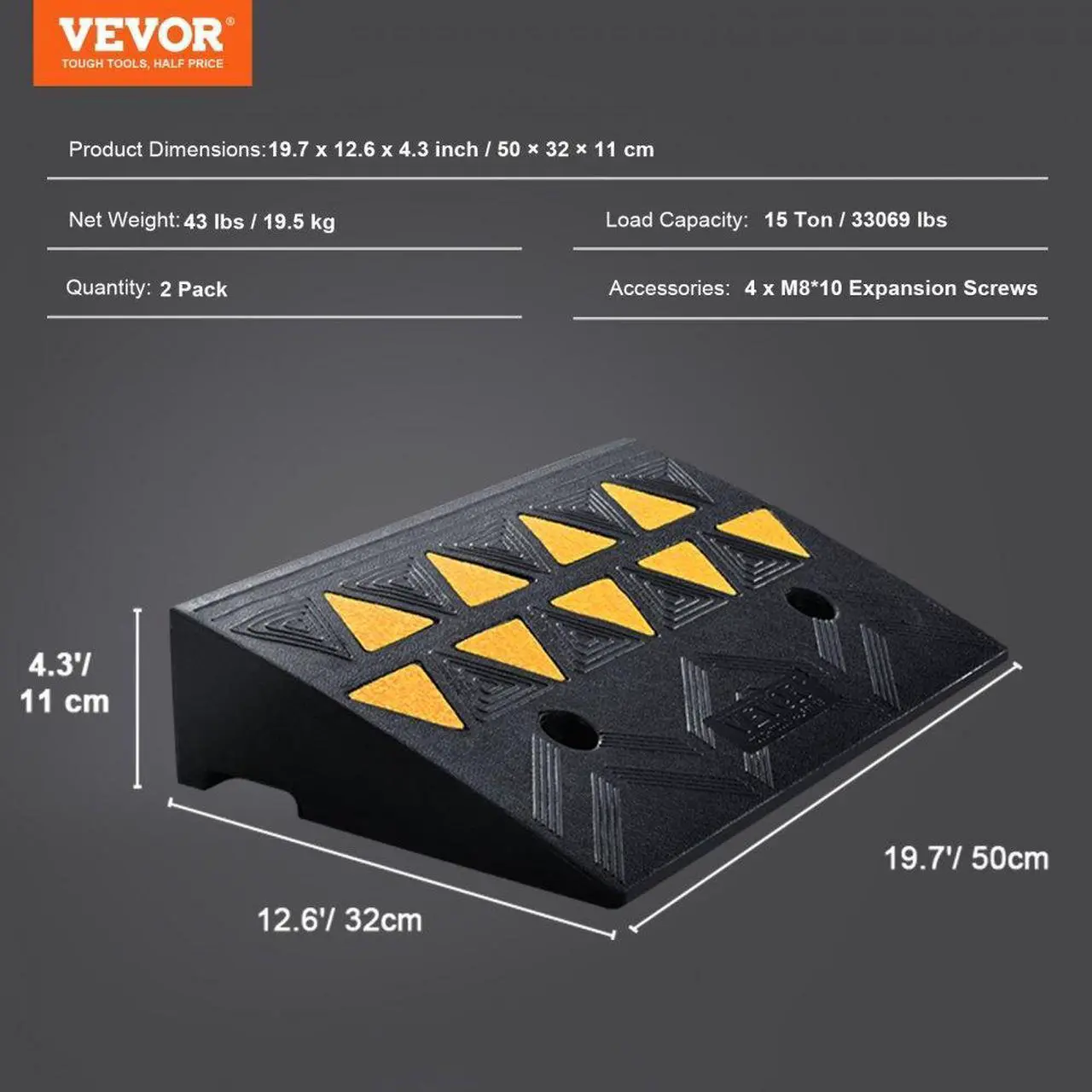 Alt view image 7 of 7 - VEVOR Rubber Curb Ramp 2 Pack, 4.3" Rise Height Heavy-Duty 33069 lbs/15 T Capacity Threshold Ramps, Driveway Ramps with Stable Grid Structure for Cars, Wheelchairs, Bikes, Motorcycles