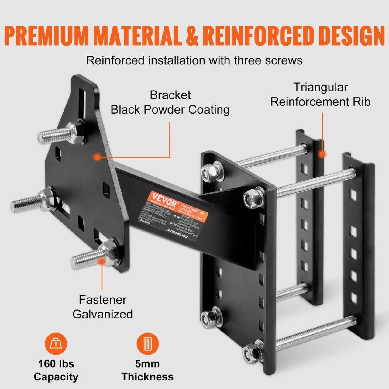 Alt view image 4 of 7 - VEVOR Spare Tire Carrier, Trailer Spare Tire Mount, 160 lbs Capacity, Utility Trailer Accessories Fits Most 4 & 5 & 6 & 8 Lugs Wheels on 4", 4.25", 4.5", 4.75", 5", 5.5", 6", 6.5" Bolt Patterns