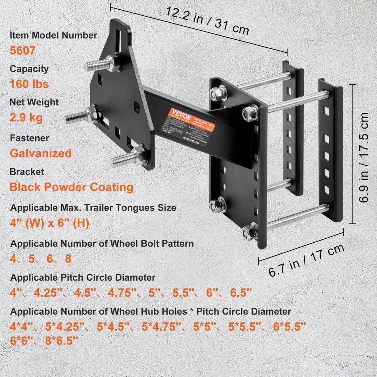 Alt view image 7 of 7 - VEVOR Spare Tire Carrier, Trailer Spare Tire Mount, 160 lbs Capacity, Utility Trailer Accessories Fits Most 4 & 5 & 6 & 8 Lugs Wheels on 4", 4.25", 4.5", 4.75", 5", 5.5", 6", 6.5" Bolt Patterns
