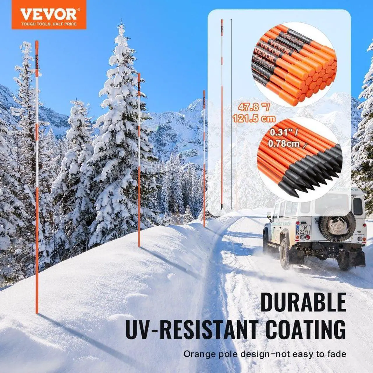 Alt view image 2 of 7 - VEVOR Driveway Markers, 50 PCS 48 inch, 0.4 inch Diameter, Orange Fiberglass Poles Snow Stakes with Reflective Tape, 12" Steel Drill Bit & Protection Gloves for Parking Lots, Walkways Easy Visibility