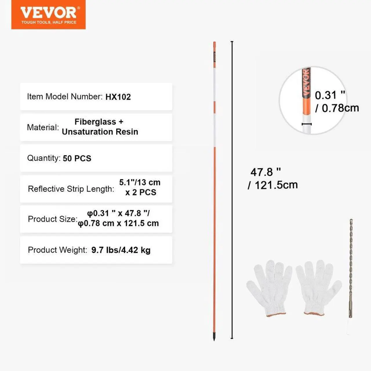 Alt view image 7 of 7 - VEVOR Driveway Markers, 50 PCS 48 inch, 0.4 inch Diameter, Orange Fiberglass Poles Snow Stakes with Reflective Tape, 12" Steel Drill Bit & Protection Gloves for Parking Lots, Walkways Easy Visibility