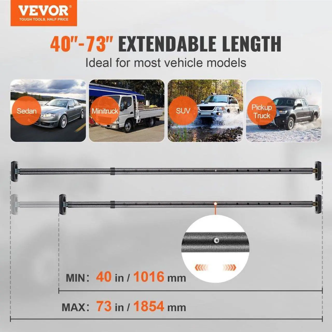 Alt view image 2 of 7 - VEVOR Cargo Bar, Truck Bed Bar Adjustable from 40" to 73", Heavy-duty Steel Cargo Stabilizer Bar with 220 lbs Capacity, Truck Load Bar Stop Sliding for Pickup Truck Bed, SUV, Minitruck