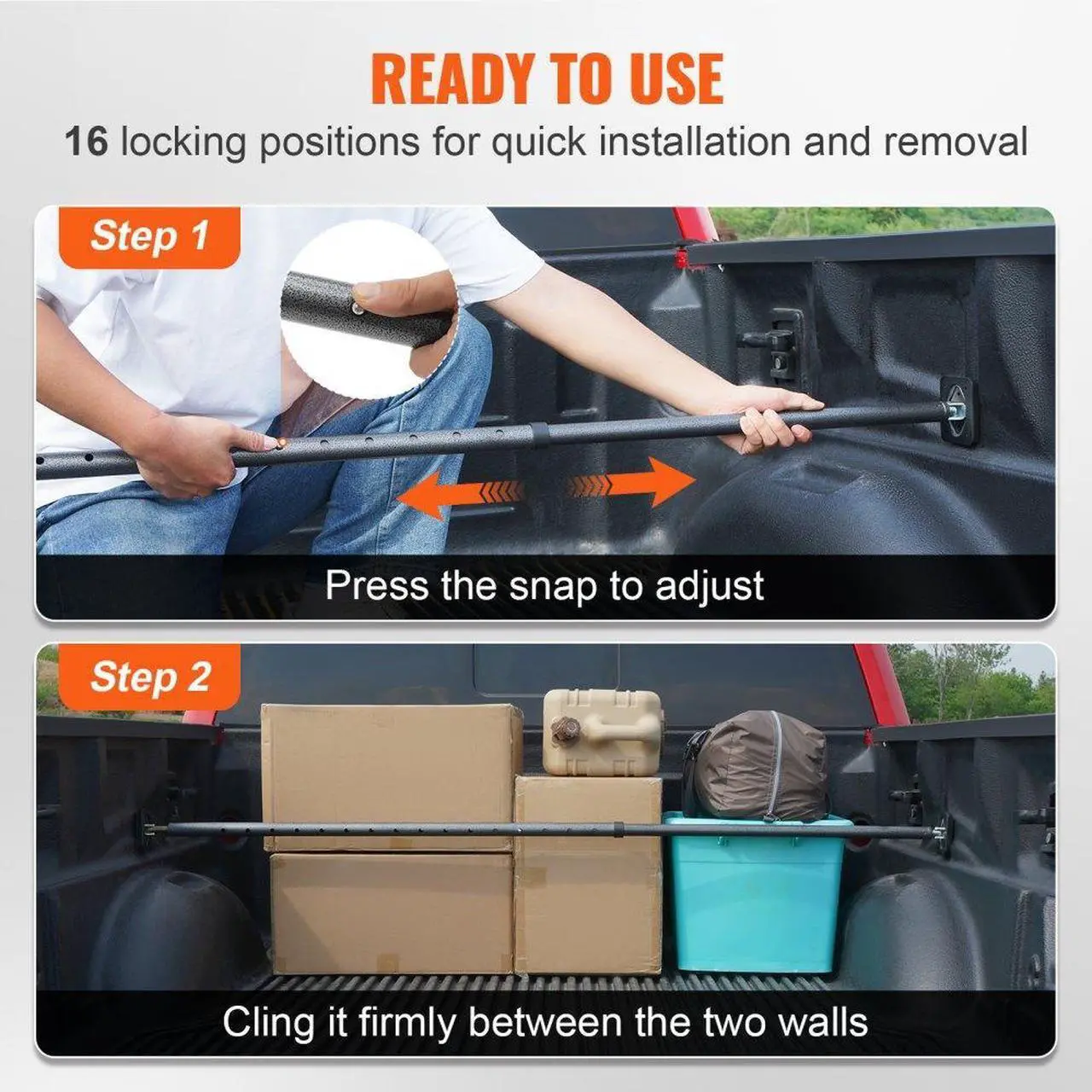 Alt view image 3 of 7 - VEVOR Cargo Bar, Truck Bed Bar Adjustable from 40" to 73", Heavy-duty Steel Cargo Stabilizer Bar with 220 lbs Capacity, Truck Load Bar Stop Sliding for Pickup Truck Bed, SUV, Minitruck