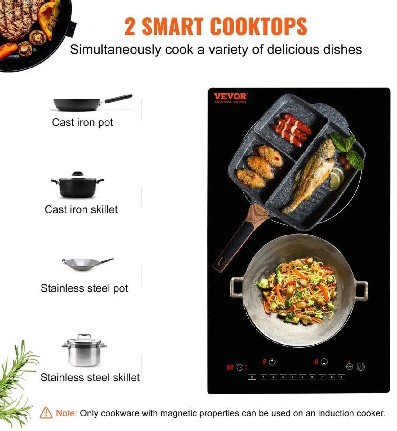 Alt view image 2 of 7 - VEVOR Electric Cooktop, 2 Burners, 12'' Induction Stove Top, Built-in Magnetic Cooktop 1800W, 9 Heating Level Multifunctional Burner, LED Touch Screen w/Child Lock & Over-Temperature Protection