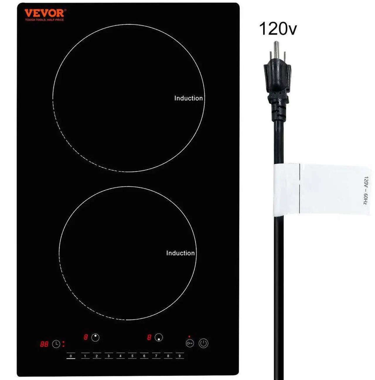 Main image of VEVOR Electric Cooktop, 2 Burners, 12'' Induction Stove Top, Built-in Magnetic Cooktop 1800W, 9 Heating Level Multifunctional Burner, LED Touch Screen w/Child Lock & Over-Temperature Protection
