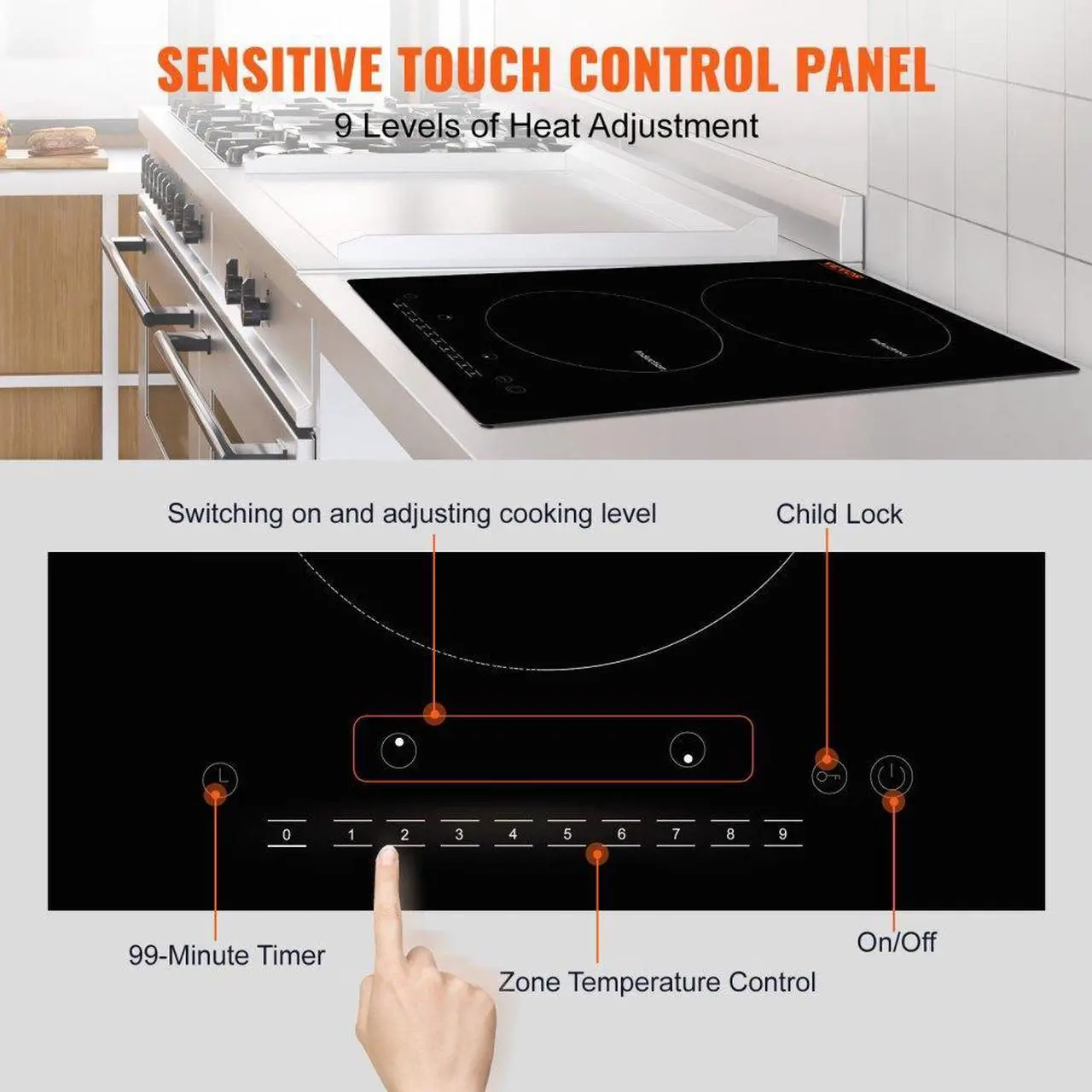 Alt view image 4 of 7 - VEVOR Electric Cooktop, 2 Burners, 12'' Induction Stove Top, Built-in Magnetic Cooktop 1800W, 9 Heating Level Multifunctional Burner, LED Touch Screen w/Child Lock & Over-Temperature Protection