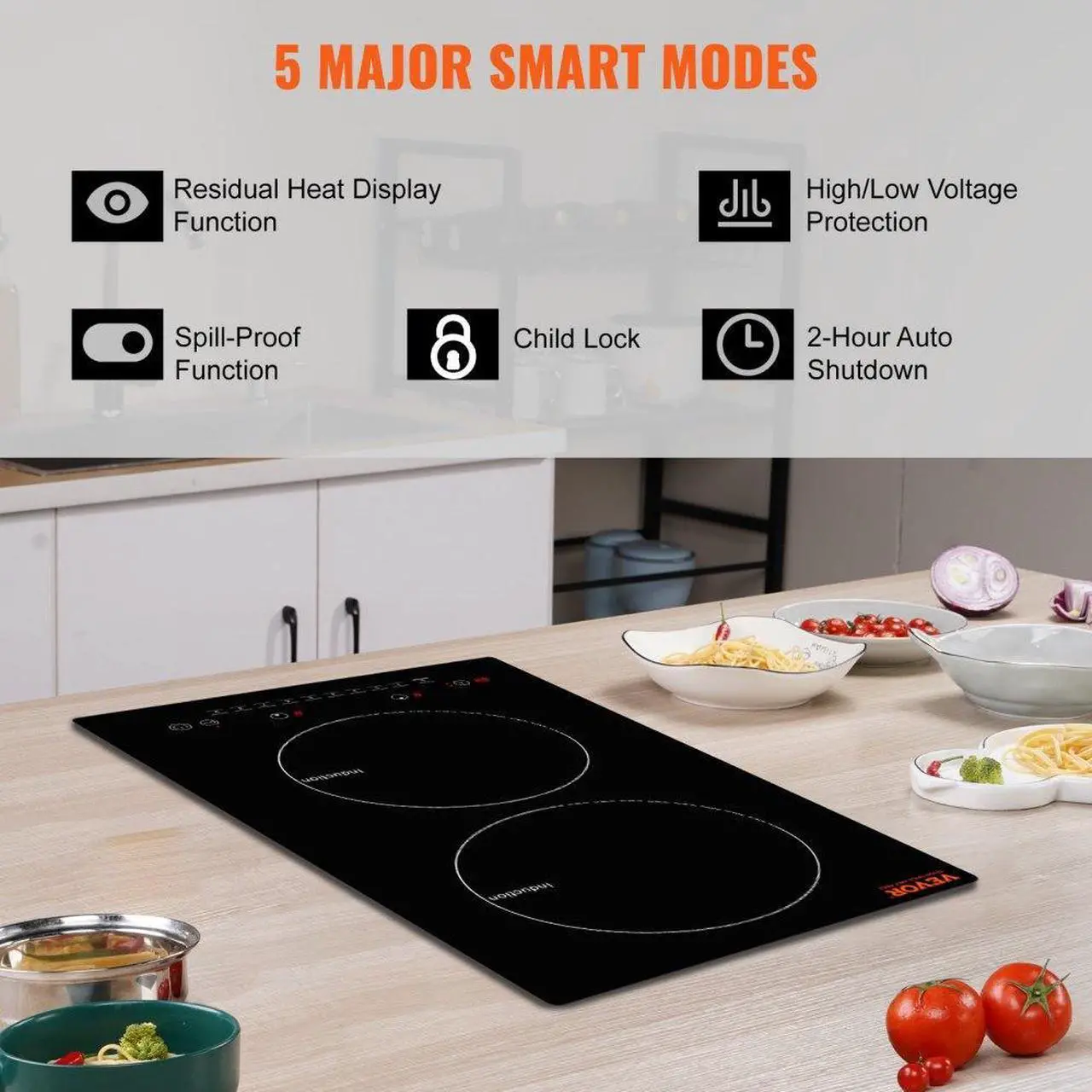 Alt view image 5 of 7 - VEVOR Electric Cooktop, 2 Burners, 12'' Induction Stove Top, Built-in Magnetic Cooktop 1800W, 9 Heating Level Multifunctional Burner, LED Touch Screen w/Child Lock & Over-Temperature Protection