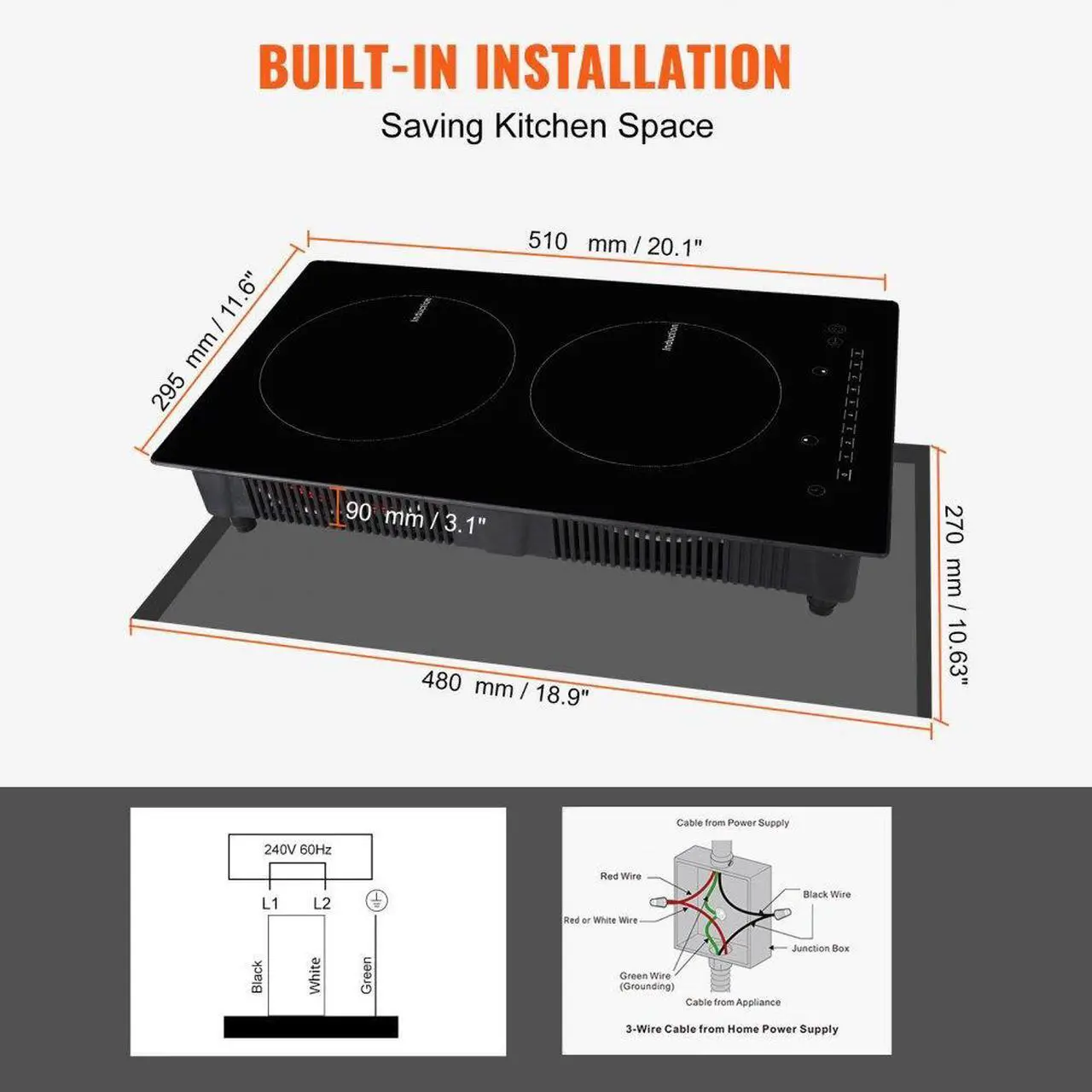 Alt view image 6 of 7 - VEVOR Electric Cooktop, 2 Burners, 12'' Induction Stove Top, Built-in Magnetic Cooktop 1800W, 9 Heating Level Multifunctional Burner, LED Touch Screen w/Child Lock & Over-Temperature Protection