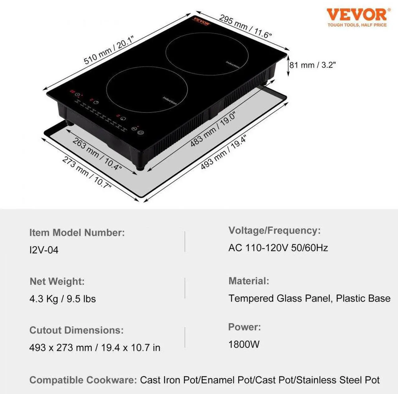 Alt view image 7 of 7 - VEVOR Electric Cooktop, 2 Burners, 12'' Induction Stove Top, Built-in Magnetic Cooktop 1800W, 9 Heating Level Multifunctional Burner, LED Touch Screen w/Child Lock & Over-Temperature Protection