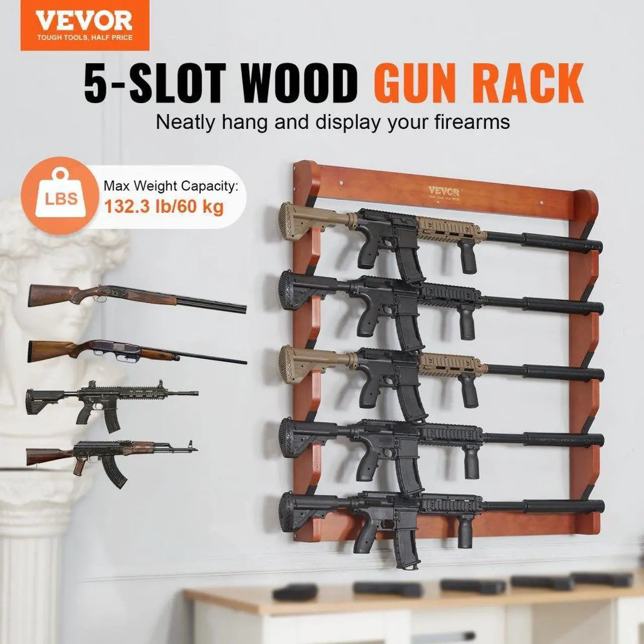Alt view image 2 of 7 - VEVOR Gun Rack, Wood Gun Rack Wall Mount, Gun Display Rack holds 5 Rifles, Shotguns, 132 lb Heavy Duty Wall Storage Display Rifle Rack with Soft Padding