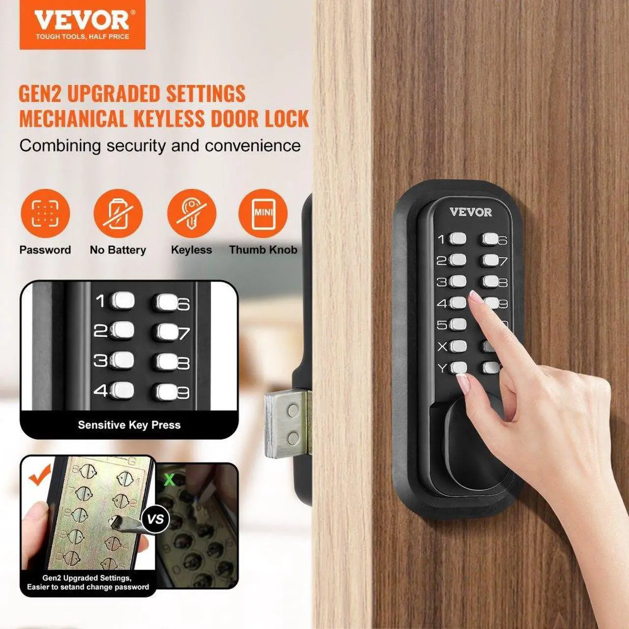 Alt view image 2 of 7 - VEVOR Mechanical Keyless Entry Door Lock, 14 Digit Keypad, Outdoor Gate Door Locks Set with Surface-mounted Latch, Water-proof Zinc Alloy, Keypad and Knob, Easy to Install, for Garden, Garage, Yard