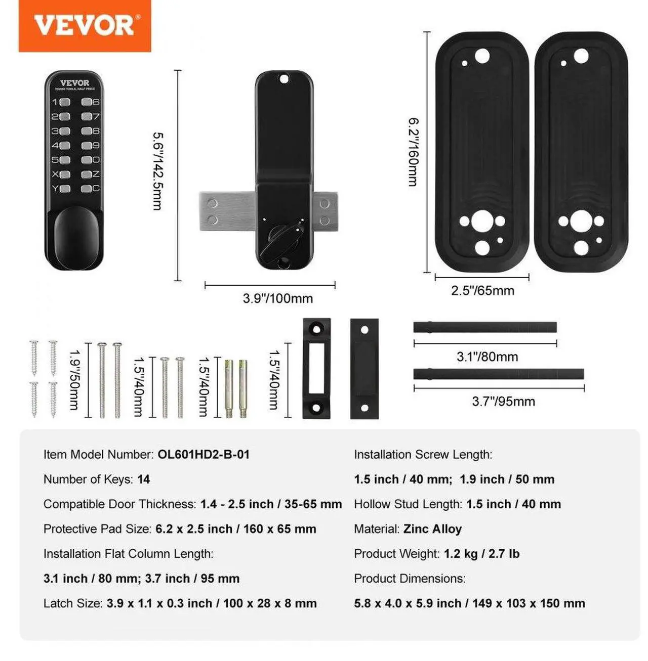Alt view image 7 of 7 - VEVOR Mechanical Keyless Entry Door Lock, 14 Digit Keypad, Outdoor Gate Door Locks Set with Surface-mounted Latch, Water-proof Zinc Alloy, Keypad and Knob, Easy to Install, for Garden, Garage, Yard