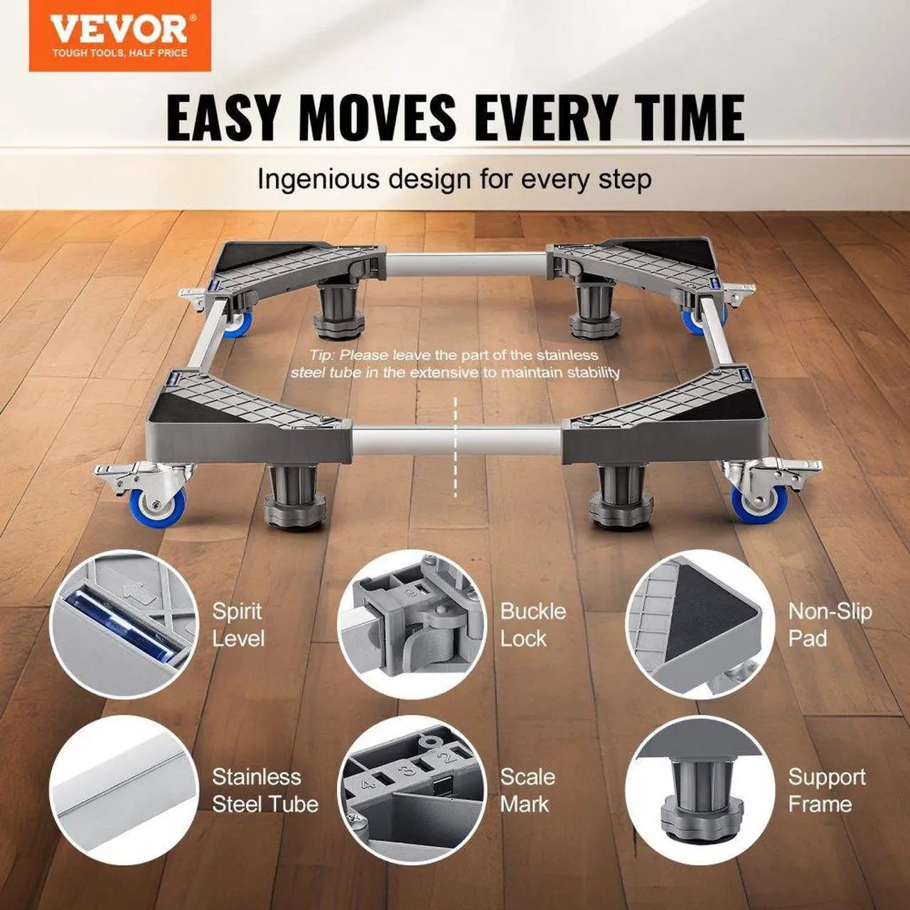 Alt view image 2 of 7 - VEVOR Mini Fridge Stand, 400 lbs Load, 4 Strong Feet, 4 Locking Swivel Wheels, Washer and Dryer Pedestal, Multi-Functional Adjustable Base for Washing Machine, and Refrigerator, Universal Mobile Base