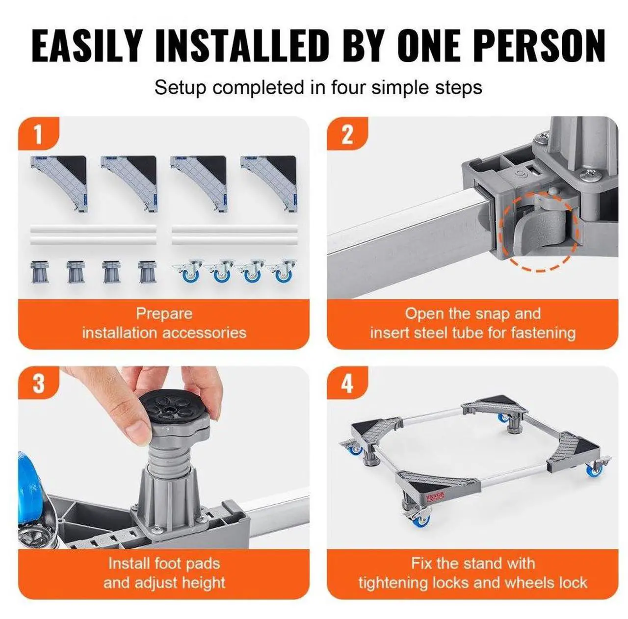 Alt view image 4 of 7 - VEVOR Mini Fridge Stand, 400 lbs Load, 4 Strong Feet, 4 Locking Swivel Wheels, Washer and Dryer Pedestal, Multi-Functional Adjustable Base for Washing Machine, and Refrigerator, Universal Mobile Base