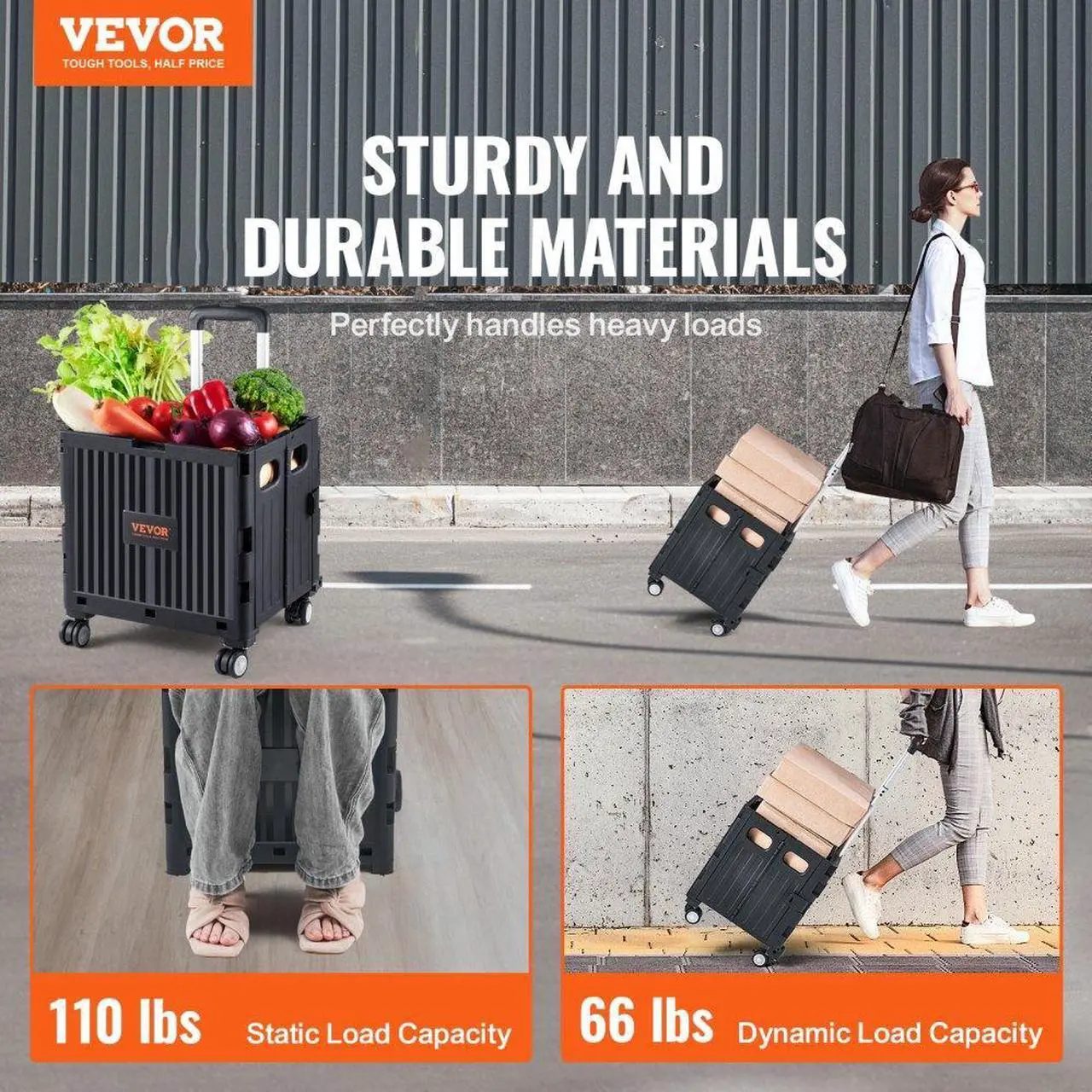 Alt view image 2 of 7 - VEVOR Foldable Utility Cart, 110 lbs Load Capacity, Folding Portable Rolling Crate Handcart with Heavy Duty Telescoping Handle and 4 Rotate Wheels for Travel Shopping Moving Luggage Office Use, Black