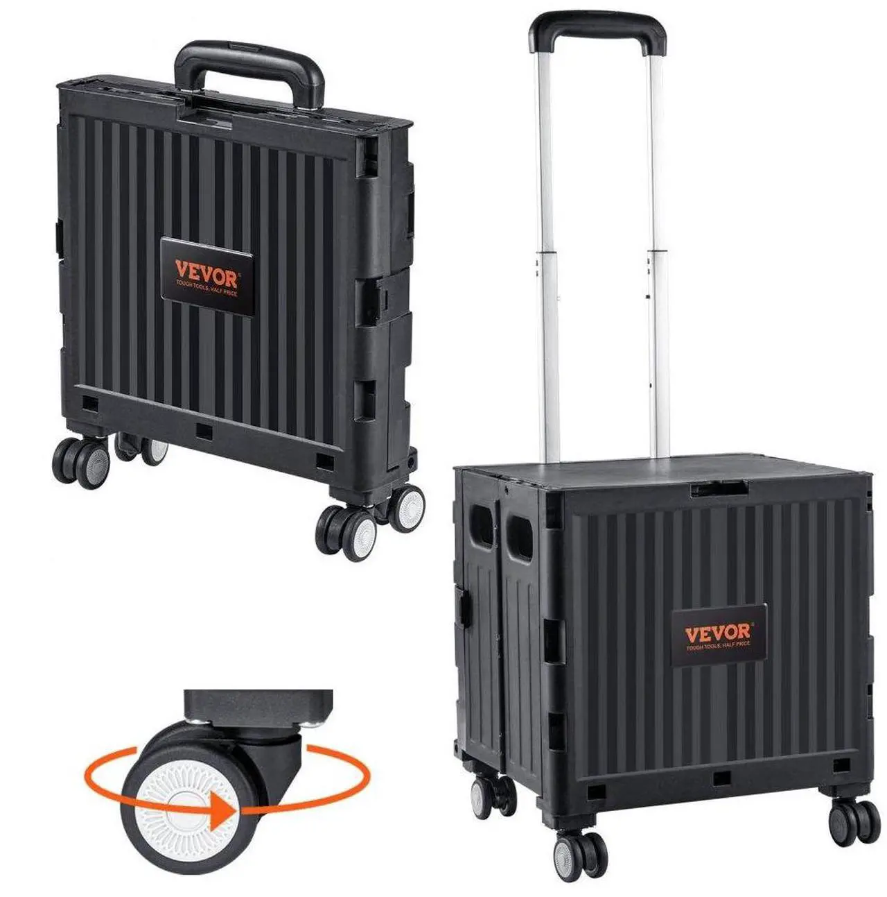 Main image of VEVOR Foldable Utility Cart, 110 lbs Load Capacity, Folding Portable Rolling Crate Handcart with Heavy Duty Telescoping Handle and 4 Rotate Wheels for Travel Shopping Moving Luggage Office Use, Black