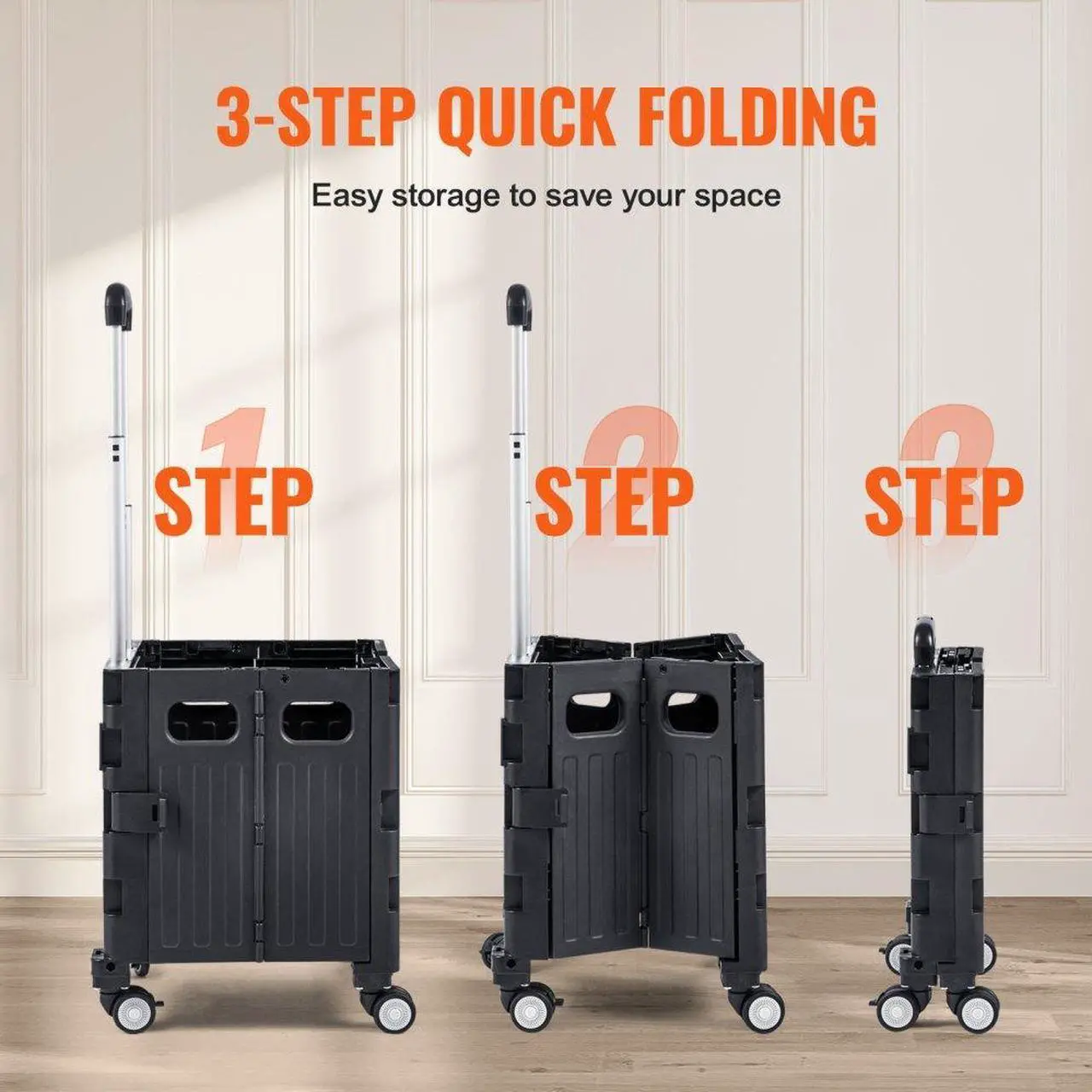 Alt view image 4 of 7 - VEVOR Foldable Utility Cart, 110 lbs Load Capacity, Folding Portable Rolling Crate Handcart with Heavy Duty Telescoping Handle and 4 Rotate Wheels for Travel Shopping Moving Luggage Office Use, Black