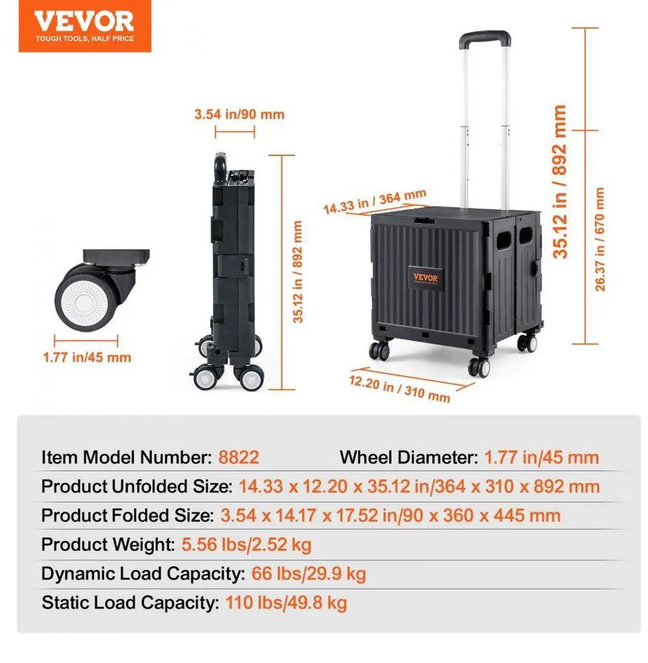 Alt view image 7 of 7 - VEVOR Foldable Utility Cart, 110 lbs Load Capacity, Folding Portable Rolling Crate Handcart with Heavy Duty Telescoping Handle and 4 Rotate Wheels for Travel Shopping Moving Luggage Office Use, Black